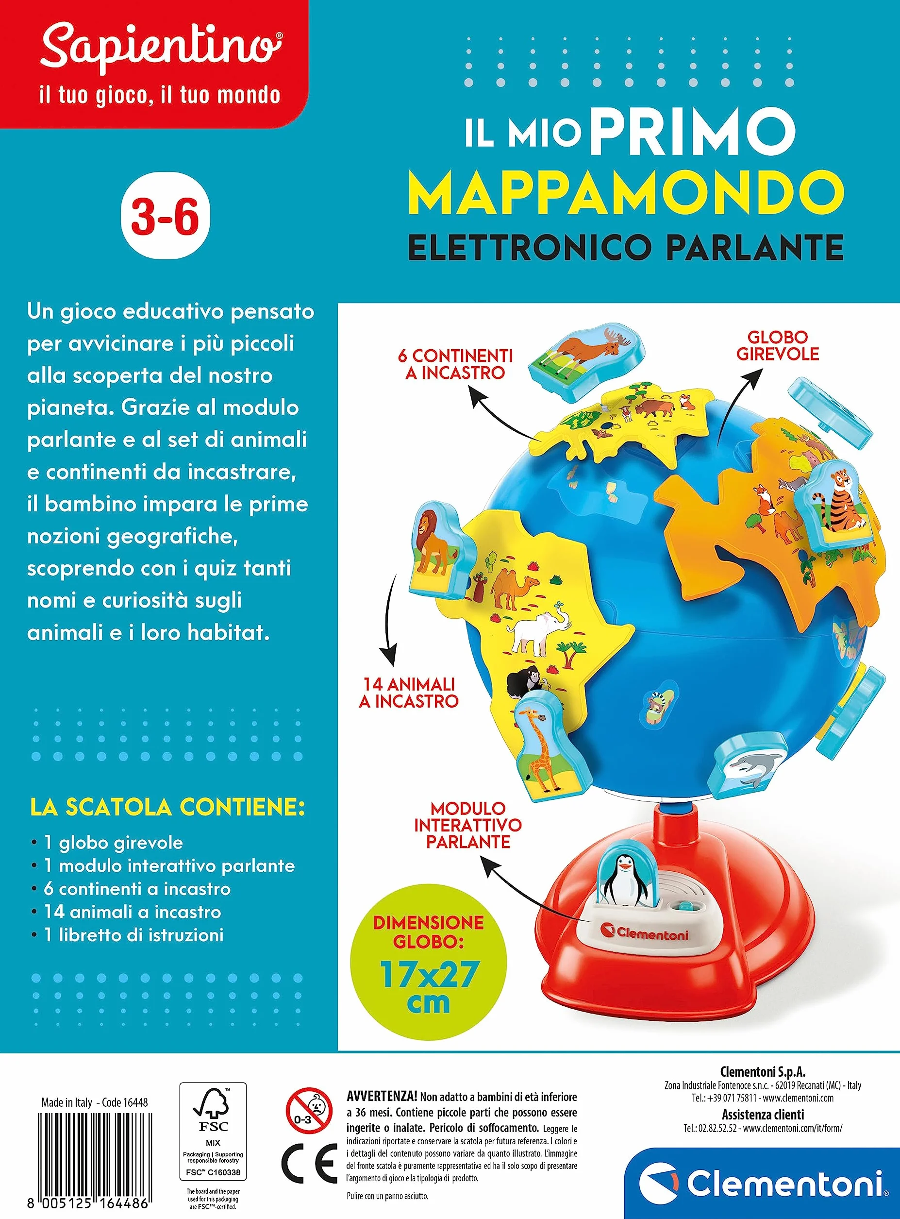 Clementoni Sapientino Il Mio Primo Mappamondo Elettronico Parlante Gioco Educativo per Bambini 3-6 Anni