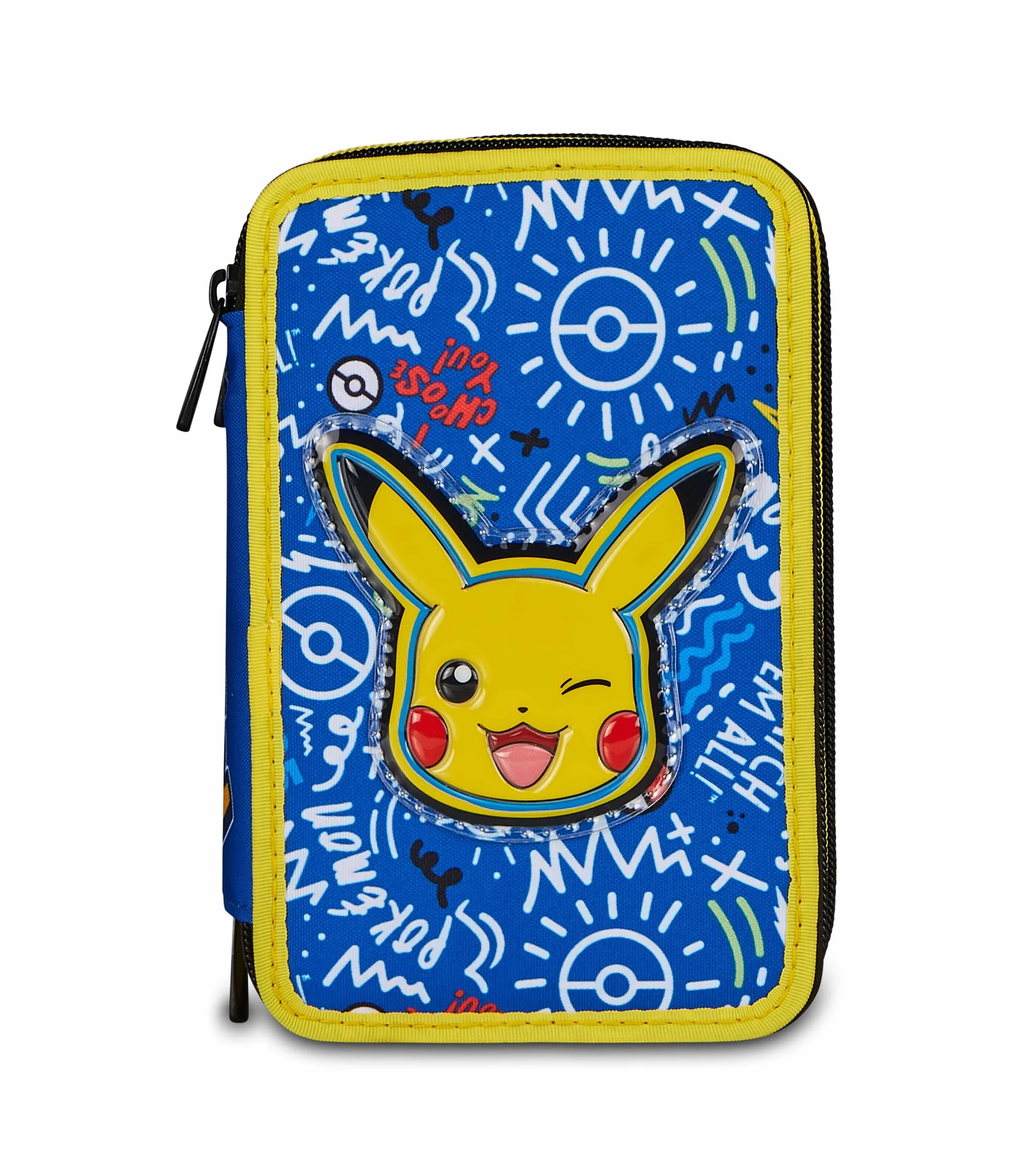 Seven Pokemon Astuccio 3 Zip, Triplo Scomparto, Completo di Matite, Pennarelli, Colori, Accessori Zaino, Elementari, Medie, Pikachu, Bambini e Bambine, giallo/blu