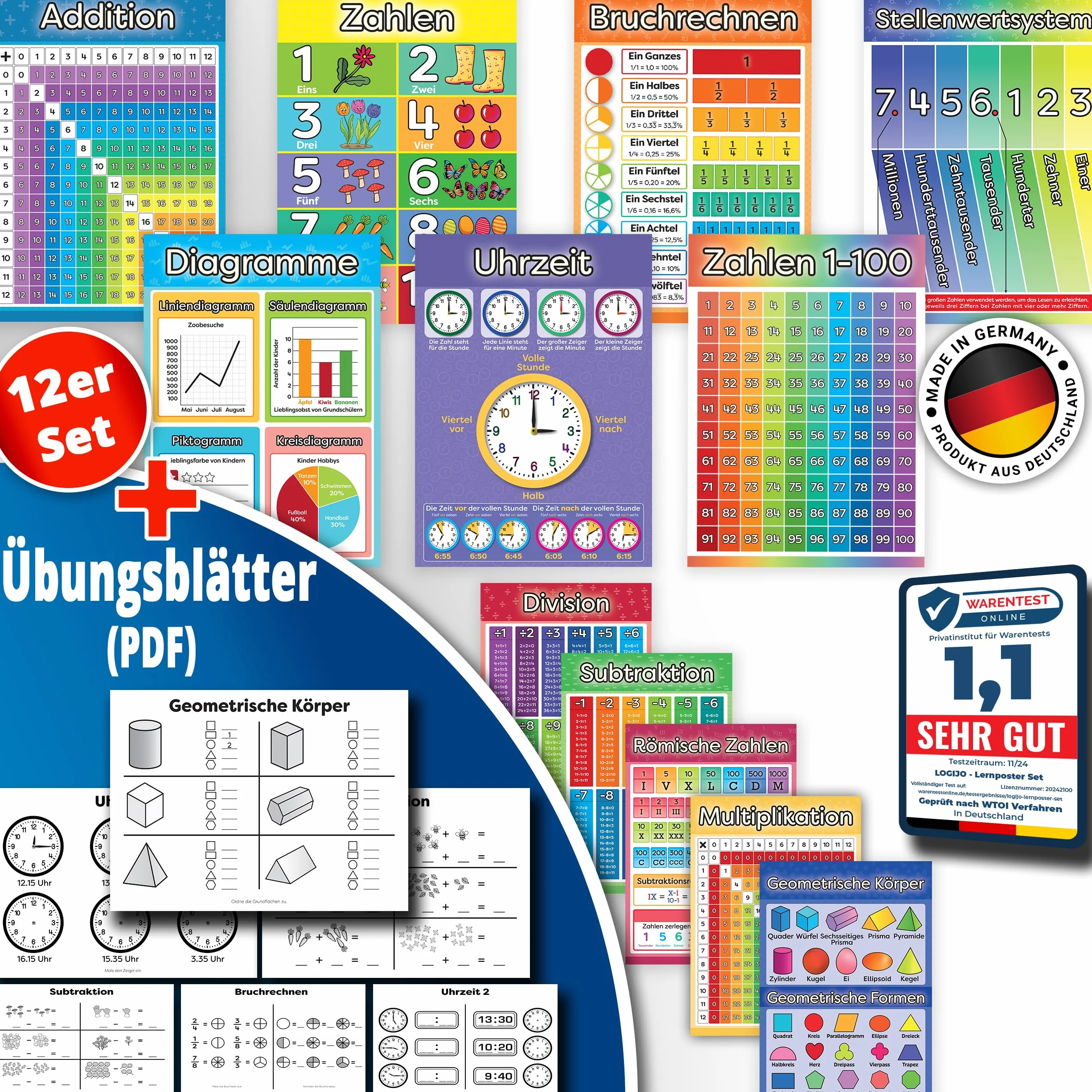 LOGIJO® 12 poster educativi Montessori Matematica A4 satinato apprendimento numeri calcoli base