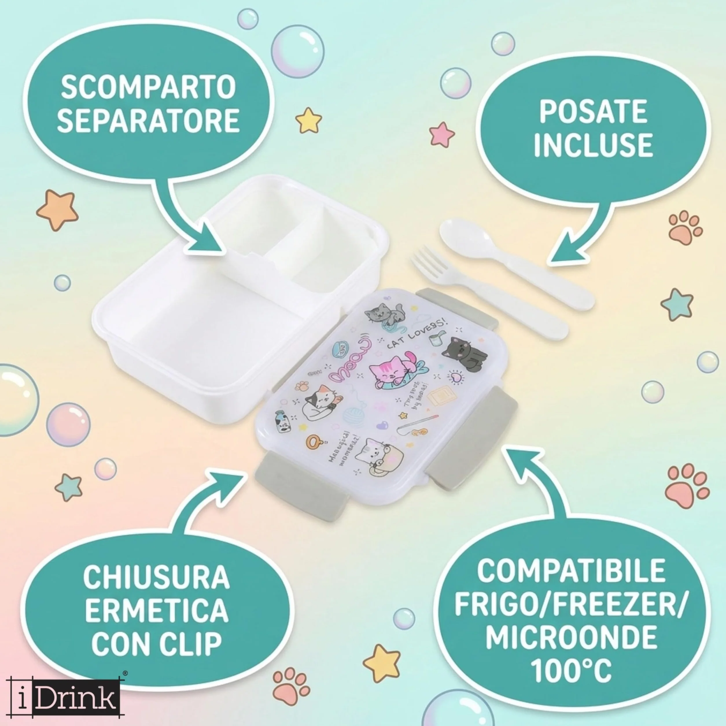 iDrink Set Scuola Bambini - Borraccia Termica 420ml con Cannuccia + Lunch Box con Posate e Scomparti - Acciaio Inox e PP BPA Free - Kit Pranzo e Merenda per Asilo ed Elementari - per Gite (Gattini)
