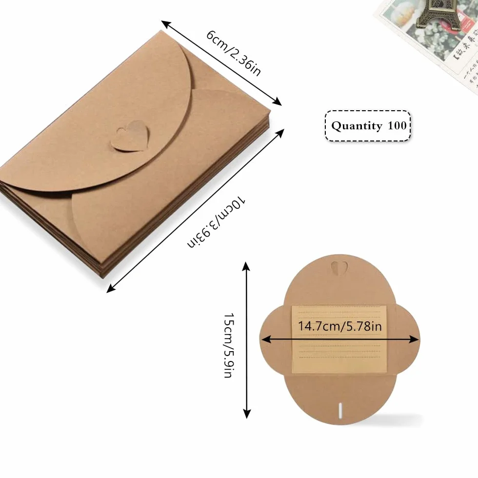 Buste in Carta Kraft 100 Pezzi 10 x 6 cm con Chiusura a Cuore per Partecipazioni Matrimonio
