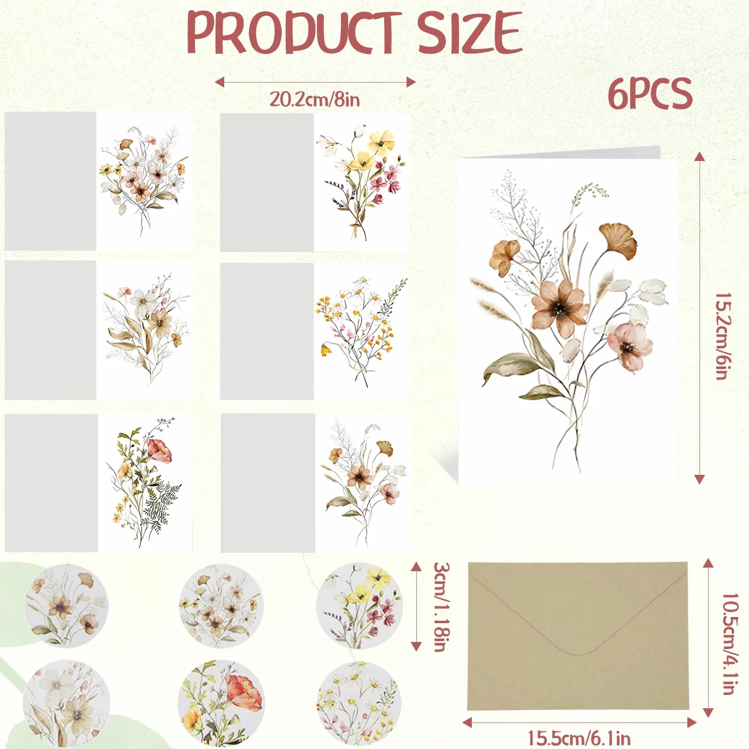 ALLY-MAGIC Set di 6 biglietti di ringraziamento A6 con buste e adesivi bouquet fiori selvatici