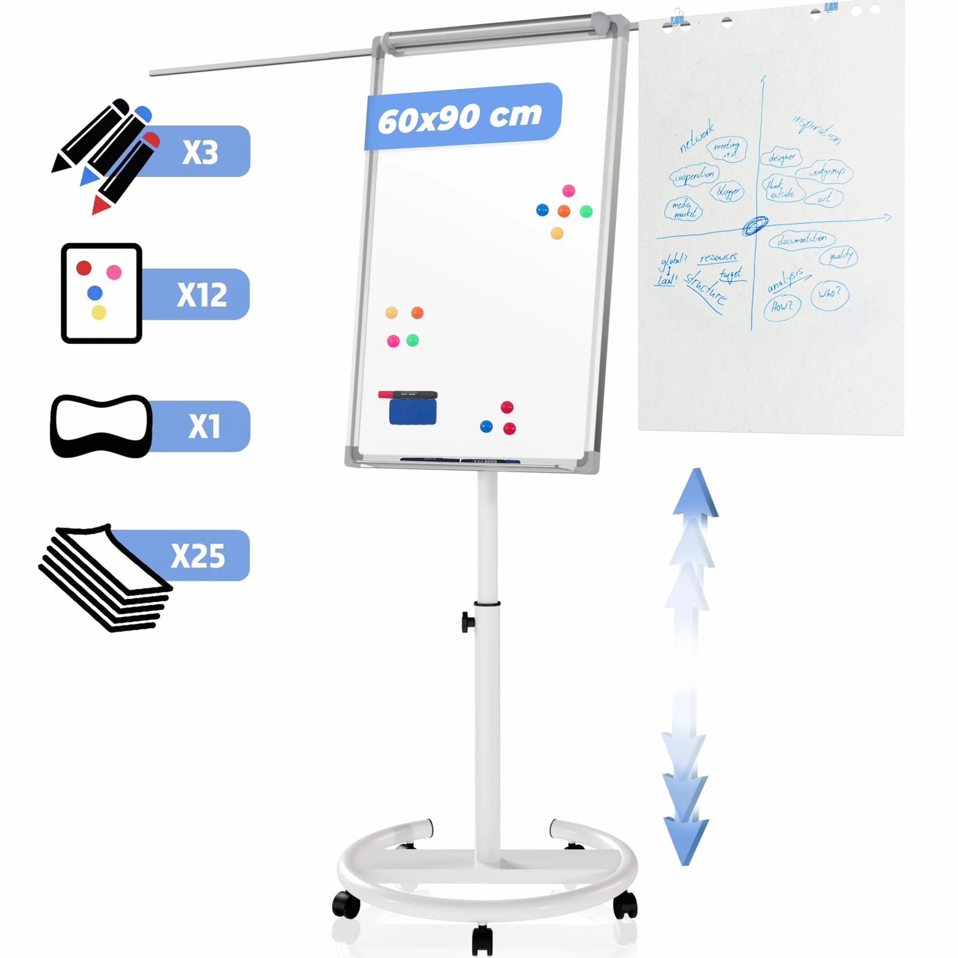 Jago® Lavagna a Fogli Mobili - con Ruote, Base Rotonda, 60 x 90 cm, Altezza Regolabile, 2 Bracci Estensibili, con Magneti, 25 Fogli, Spugna - Lavagna Portablocco, Flipchart, Bacheca Magnetica