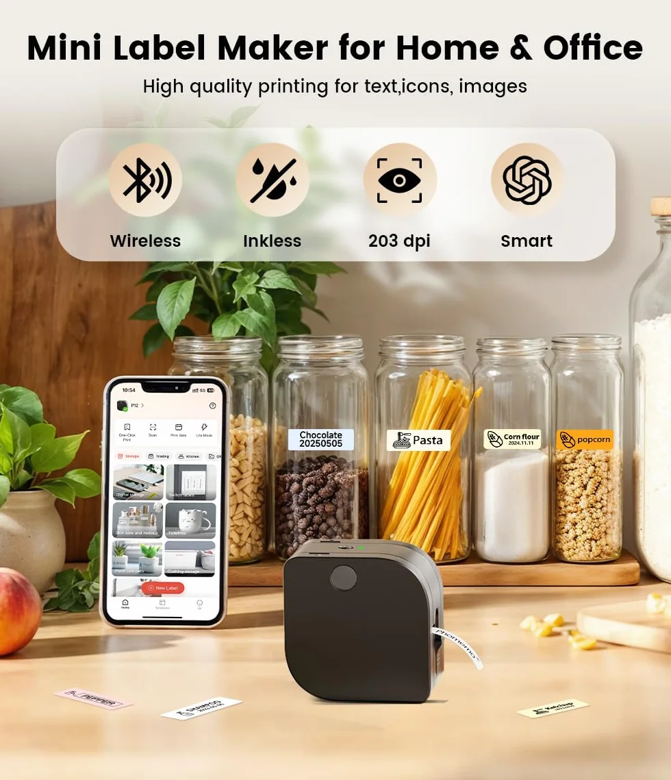 Phomemo P12-Pro - Stampante per etichette Bluetooth, monocromatica, termica, con 3 nastri per etichette, ricaricabile USB, per casa e ufficio