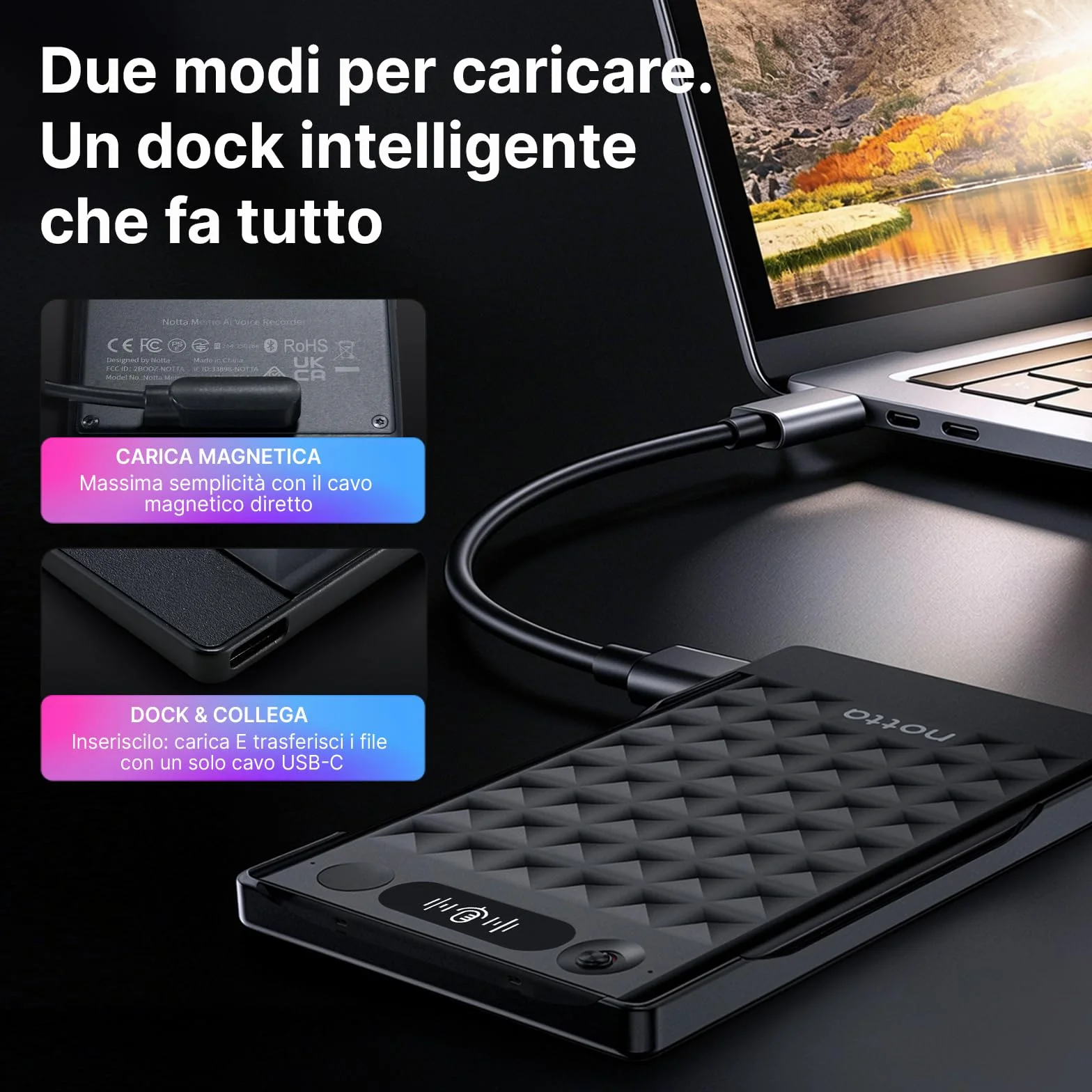 Registratore vocale AI Notta Memo(Nero) con Memo MagBridge, Trascrizione & Riassunto AI 58 Lingue, Memoria 2000h, per Chiamate/Riunioni/Lezioni
