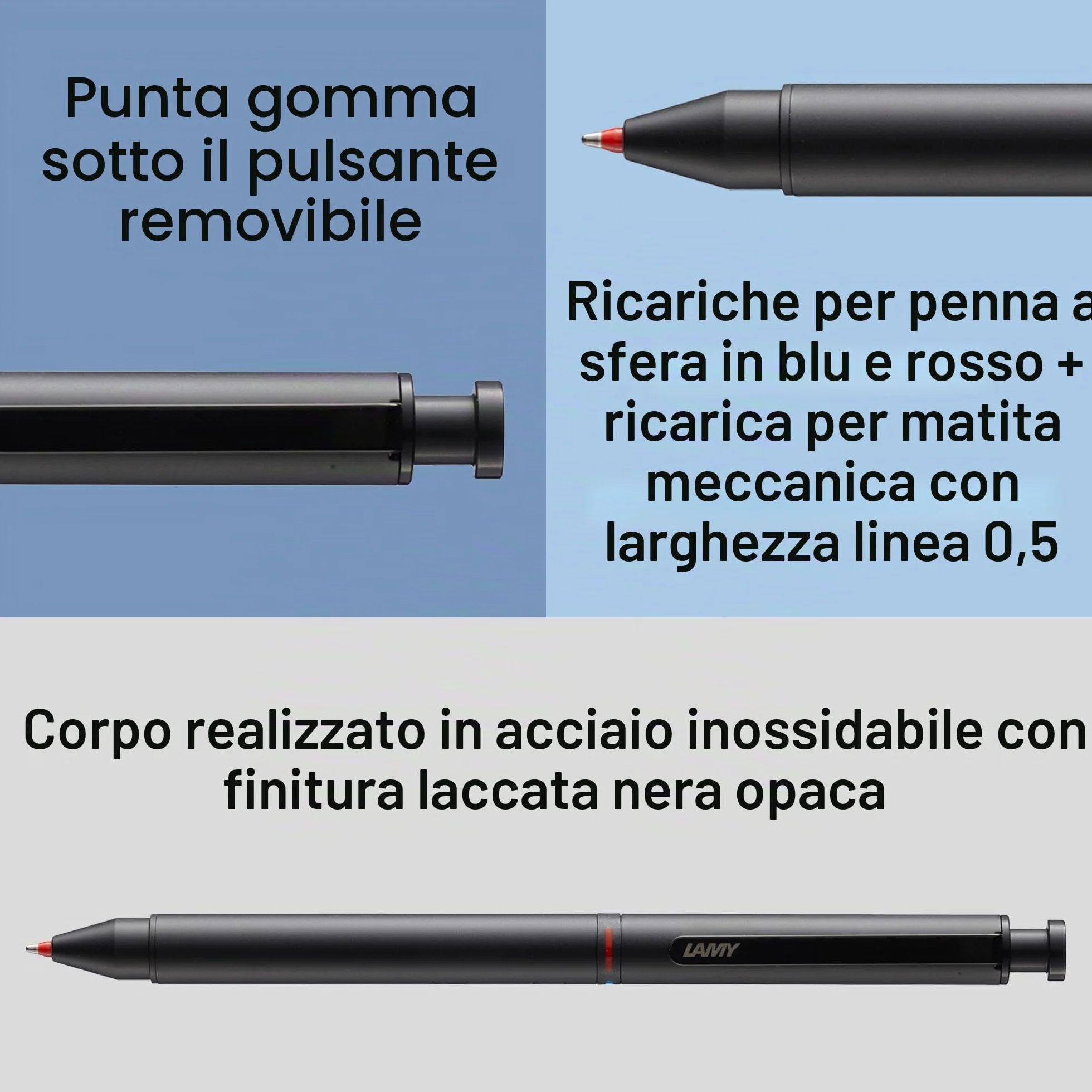 Lamy st black tri pen in accaio inossidabile – sottile portamina e penna a sfera in un unico prodotto – ricarica per penna a sfera M 21 in blu e rosso e per portamina M 41 a tratto fine (0,5 mm)