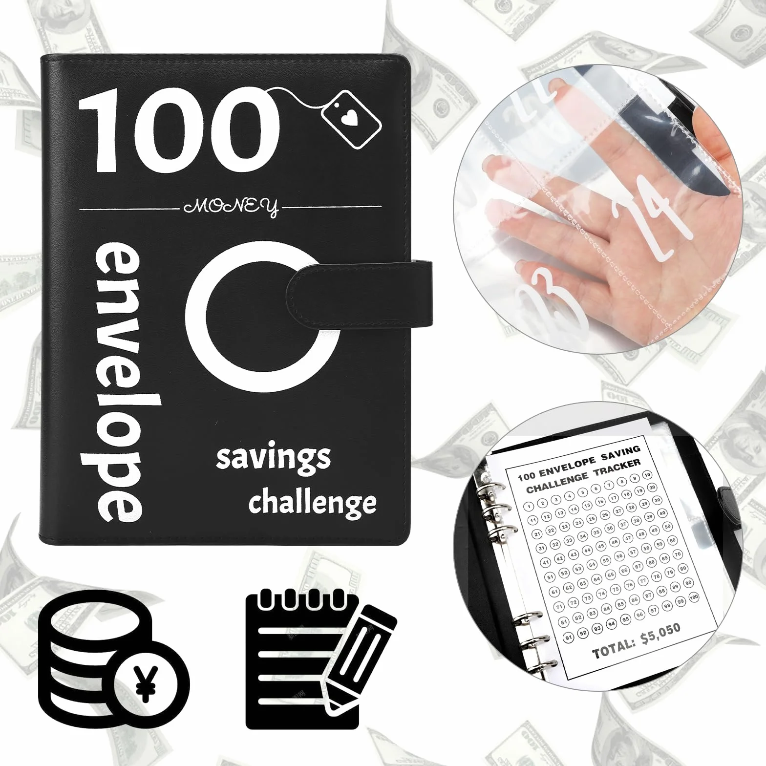 100 Envelope Challenge Binder, Buste Sfida Binder, Cartella Budget per risparmiare €5,050, Sfida risparmio per pianificatori di bilancio (nero)