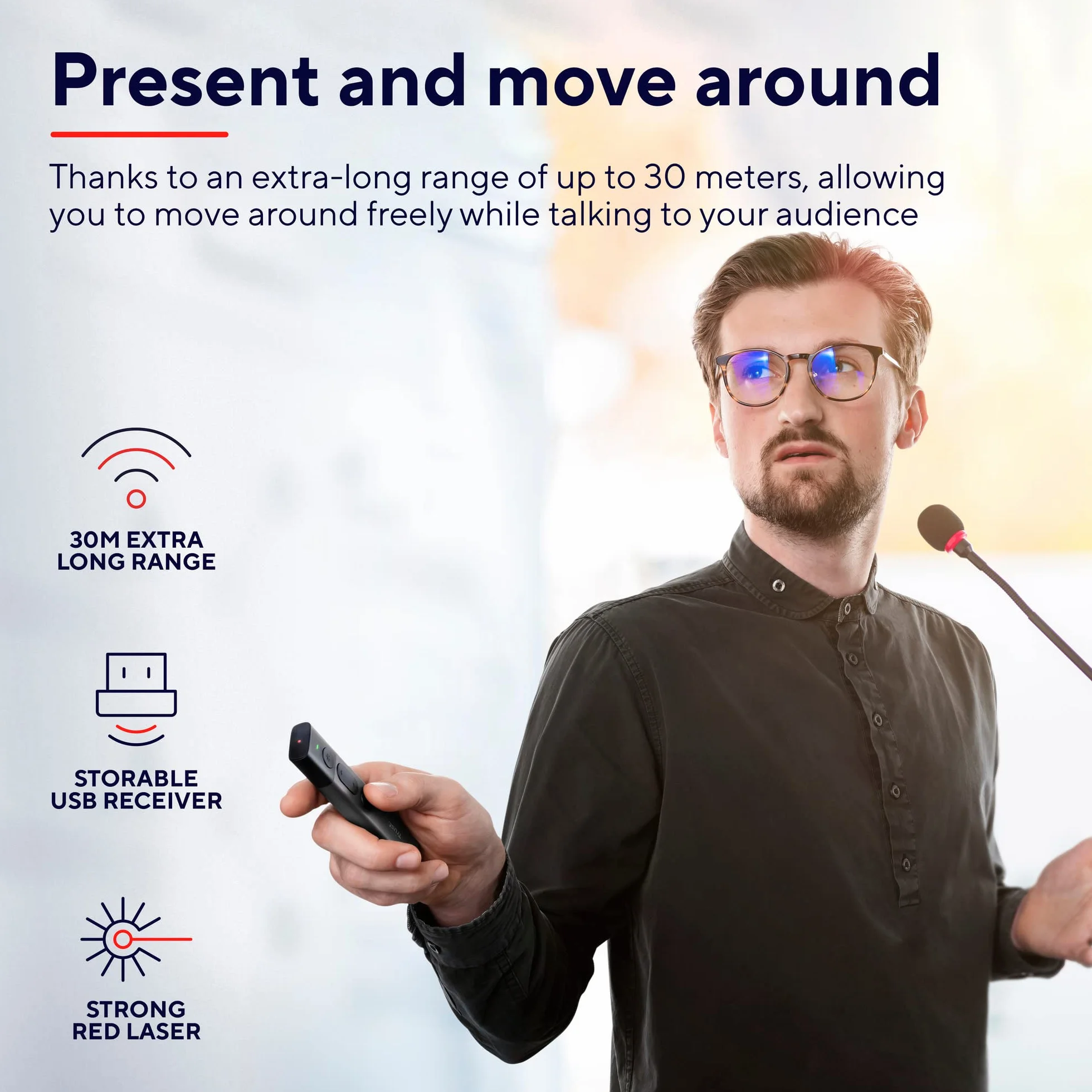 Trust Kazun Dispositivo per Presentazioni Wireless, Design Moderno Ultrasottile, Portata del Segnale Wireless 30 metri, 4 Funzioni PowerPoint, Porta USB, Windows 10, 11, Grigio