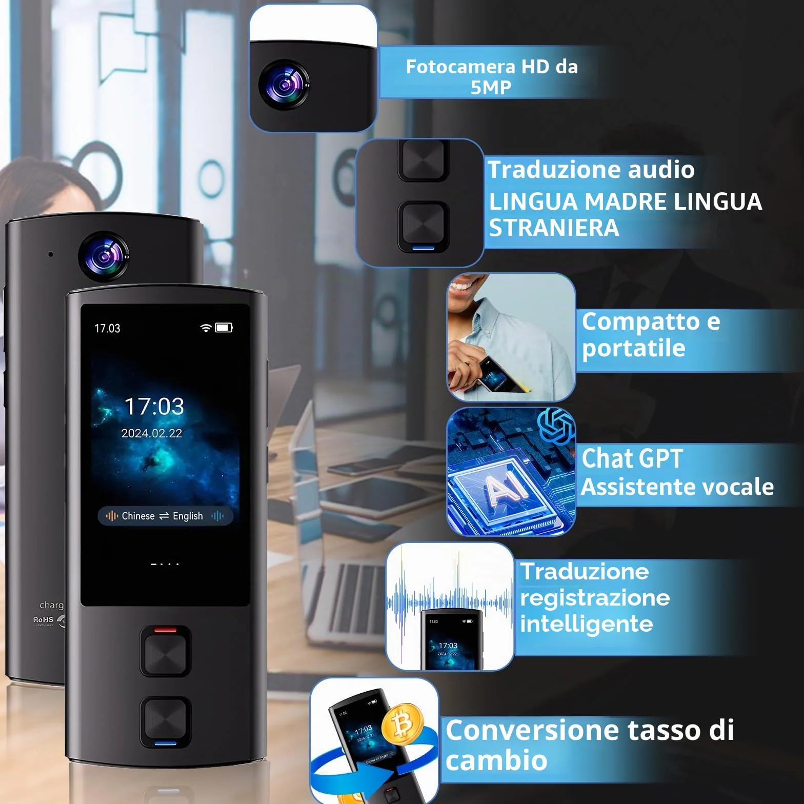 Dispositivo traduttore linguistico, traduttore vocale AI bidirezionale per traduzione vocale/testo/offline/foto, 138 lingue online con touchscreen da 3 pollici per viaggi di apprendimento