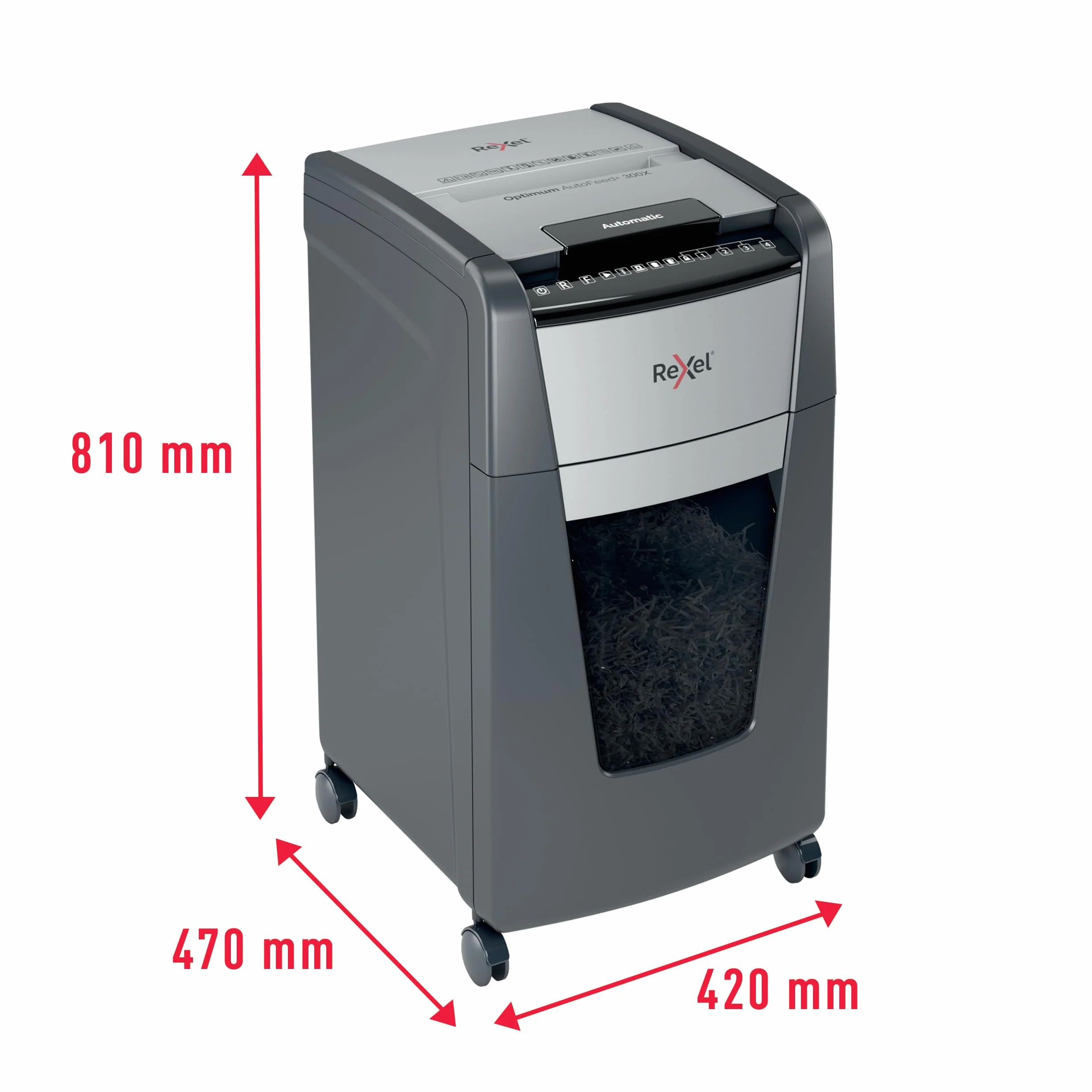 REXEL Optimum Auto Feed+ 300X, Distruggi documenti Automatico, 300-330 Fogli (80-70 gr-mq), Taglio a Frammento, Livello di Sicurezza P-4, per l?Ufficio, Capacit? 60 Litri, con Ruote, 2020300XEU