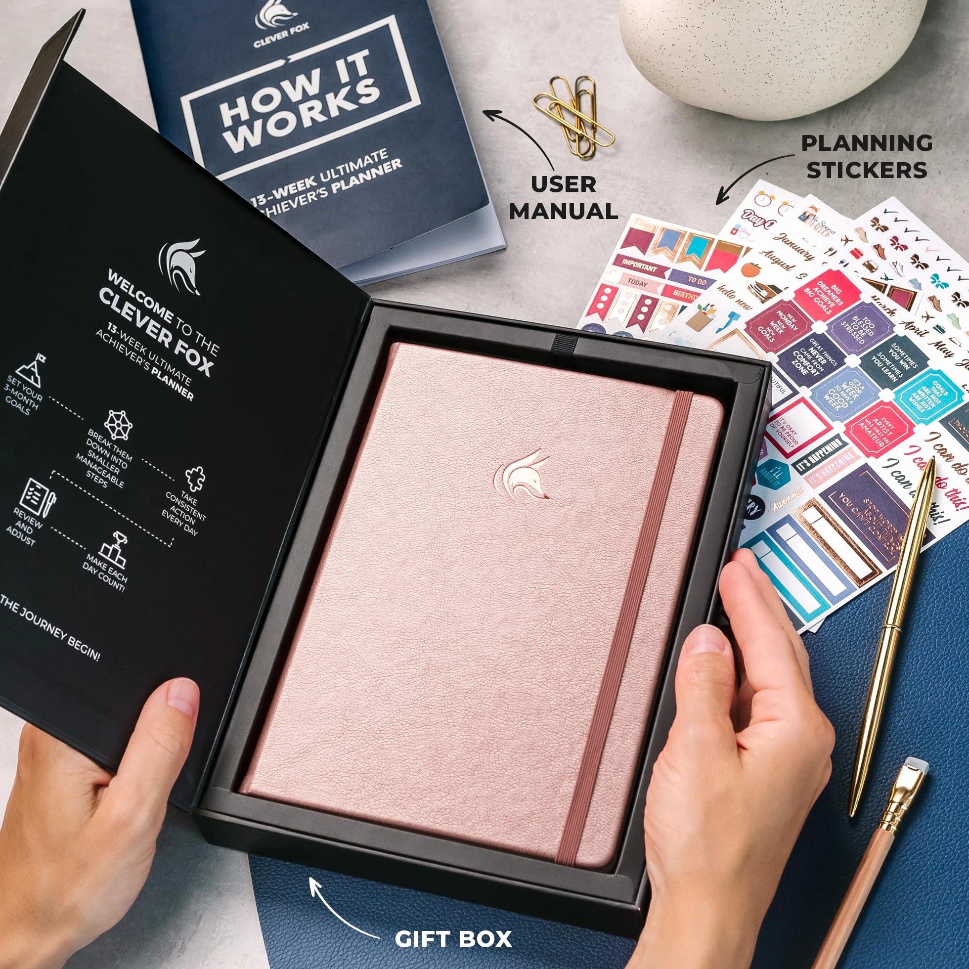 Clever Fox Ultimate Achiever's Goal Planner – Diario di 90 giorni Focus & Productivity. Agenda giornaliera settimanale mensile e agenda oraria, senza data, copertina rigida, formato A5, oro rosa