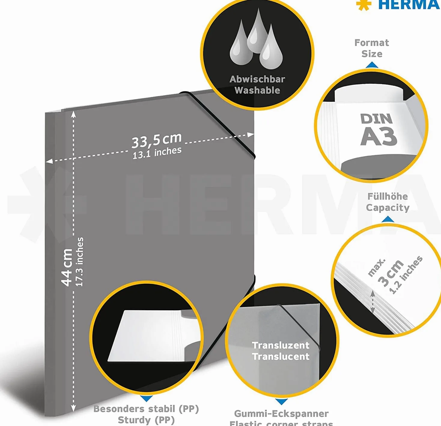 HERMA 19702 - Cartellina portadocumenti, formato A3, traslucido, confezione da 12 pezzi, in plastica, con alette interne ed elastico, in plastica, per ragazzi e ragazze