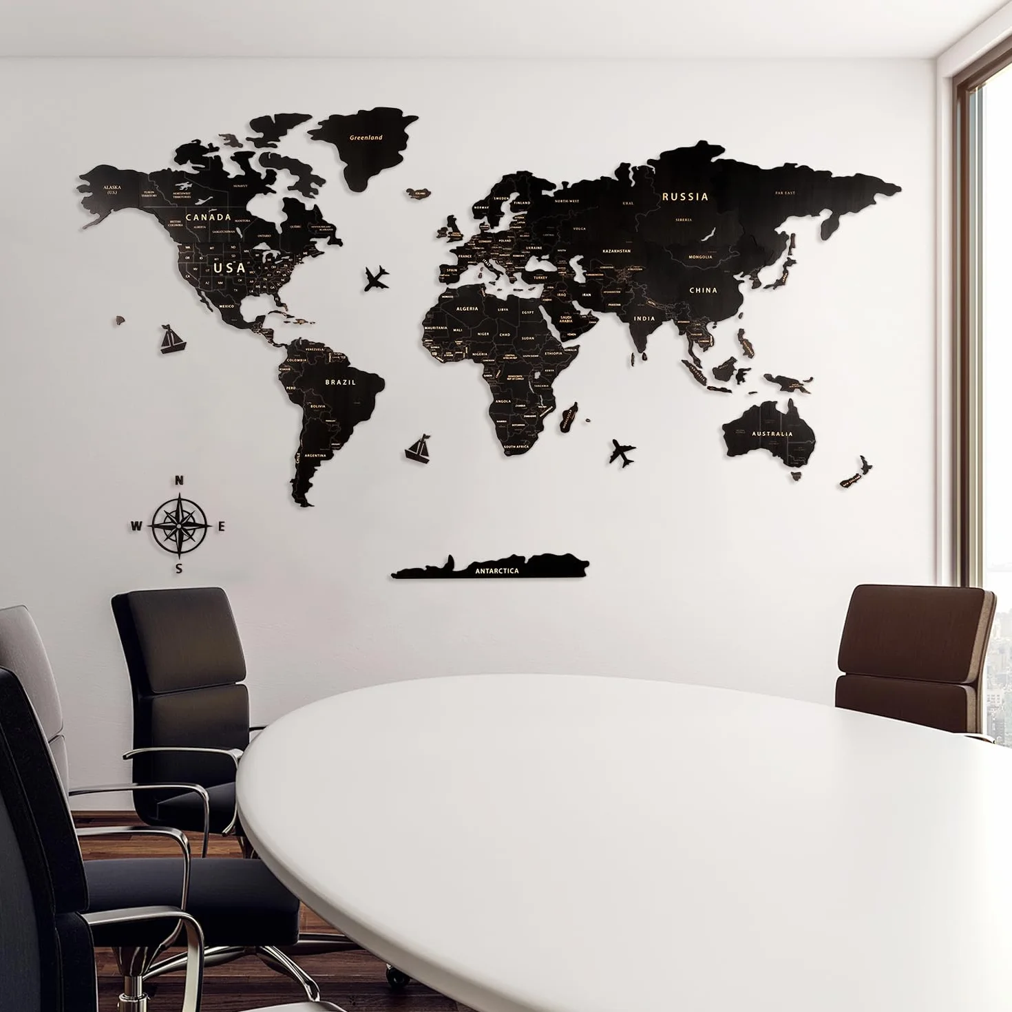 Creawoo Mappa del Mondo in Legno da Parete Decorazione, Nero Mappamondo in Legno Parete Puzzle Arte per Soggiorno, Ufficio, Camera Decorazione -200x114 CM