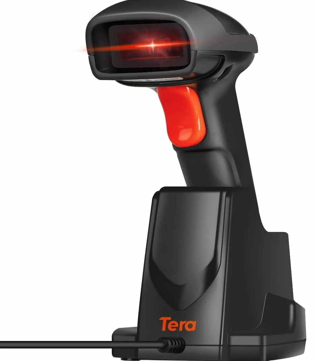 Tera Barcode Scanner Wireless 2,4GHz Lettore di Codici a Barre per 1D Laser con Stazione di Ricarica, Modello di Aggiornamento 6100