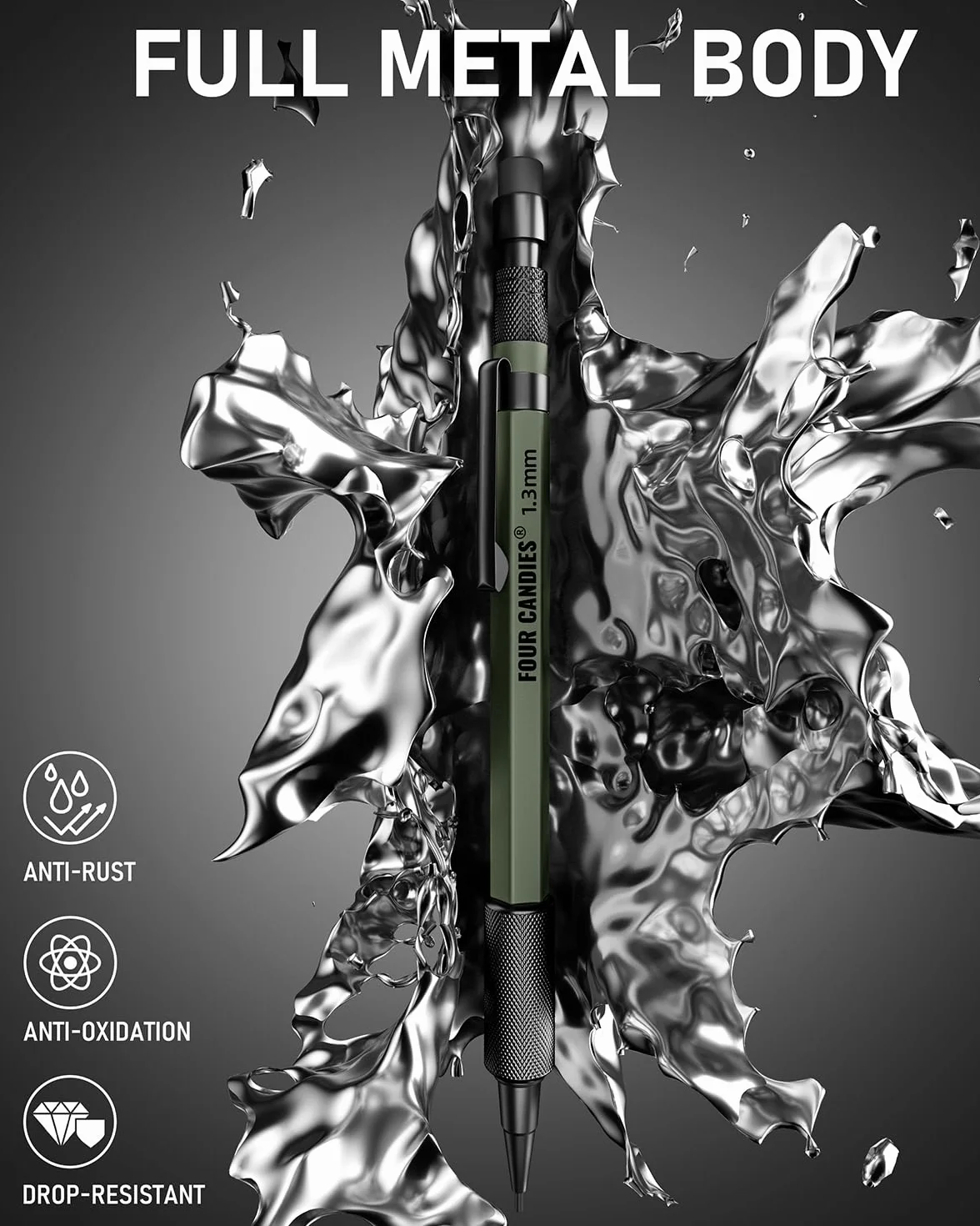 Four Candies 3 matite meccaniche 1,3 mm con custodia, matite da falegname in metallo, 48 ricariche, 3 gomme, 12 ricariche per gomma