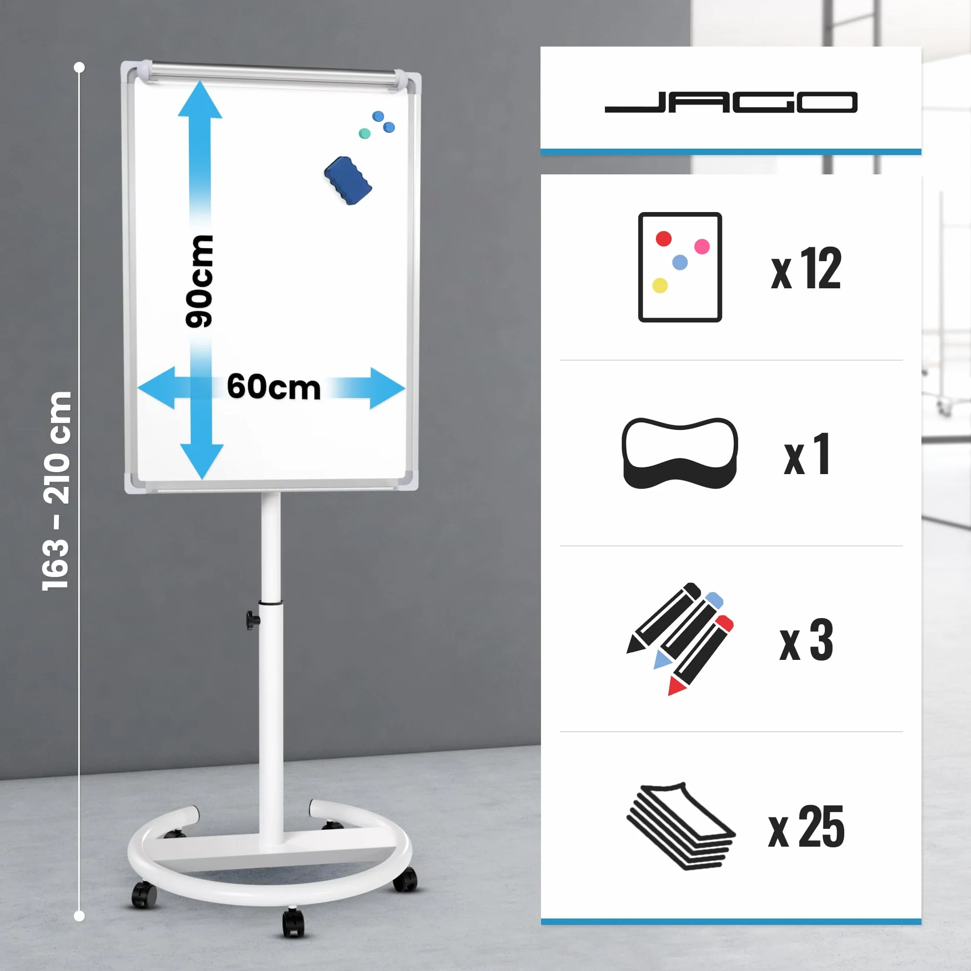 Jago® Lavagna a Fogli Mobili - con Ruote, Base Rotonda, 60 x 90 cm, Altezza Regolabile, 2 Bracci Estensibili, con Magneti, 25 Fogli, Spugna - Lavagna Portablocco, Flipchart, Bacheca Magnetica