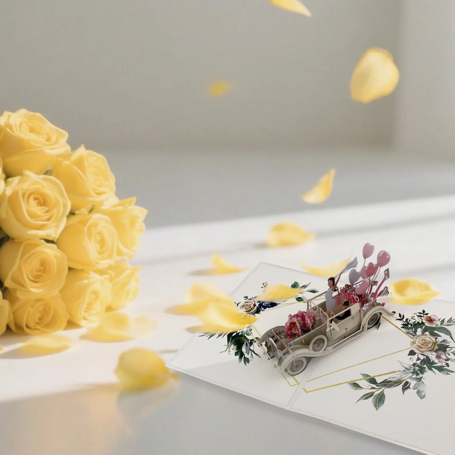 Elegante Biglietto Pop-Up 3D con Auto Just Married per Matrimonio, Regalo in Denaro per Viaggio di Nozze