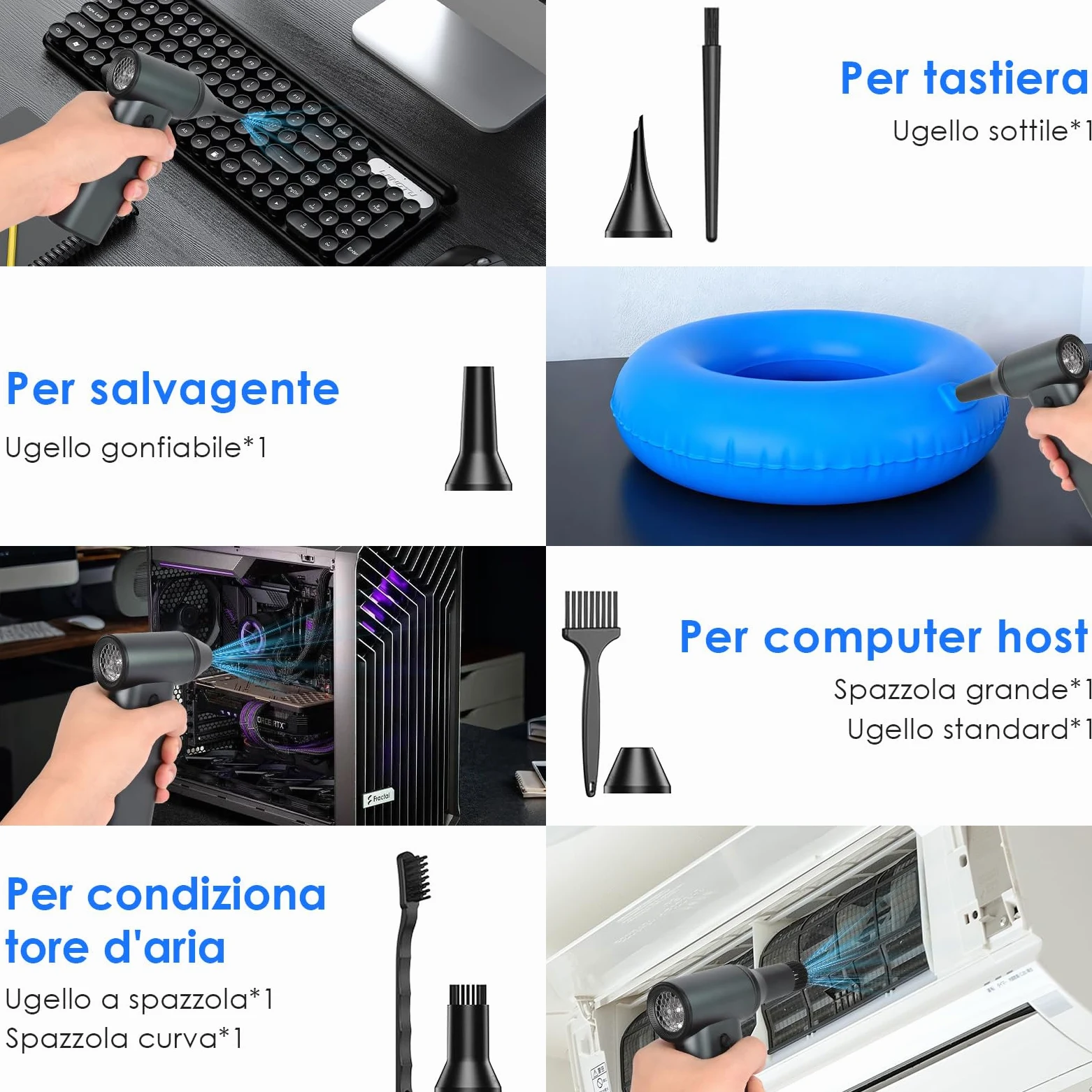 Soffiatore elettrico per la polvere, 180.000 giri/min, regolabile, 7500 mAh, ricaricabile tramite USB, set di pulizia per PC, laptop, auto, tastiere