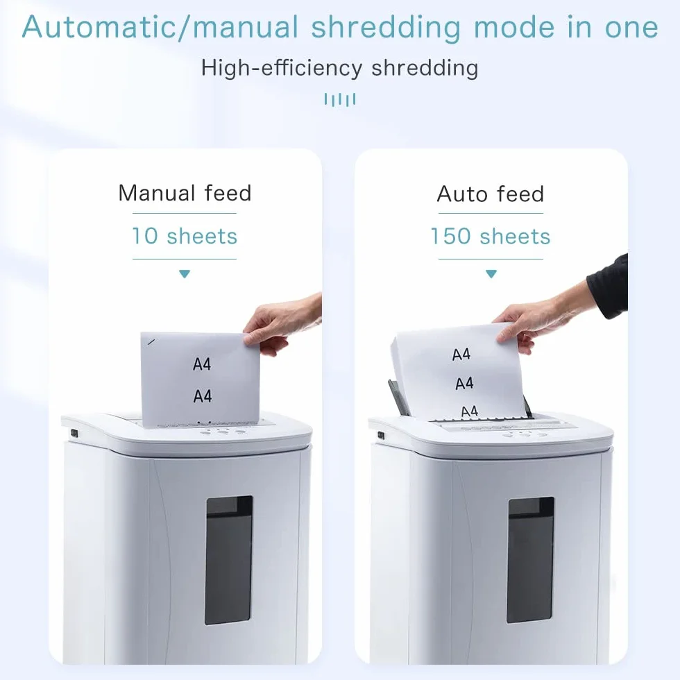iOCHOW Distruggidocumenti con alimentazione automatica: 150 fogli 30 minuti microtaglio P-4 Tritadocumenti elettrico per ufficio silenzioso di grande capacità con cestino estraibile da 25 litri