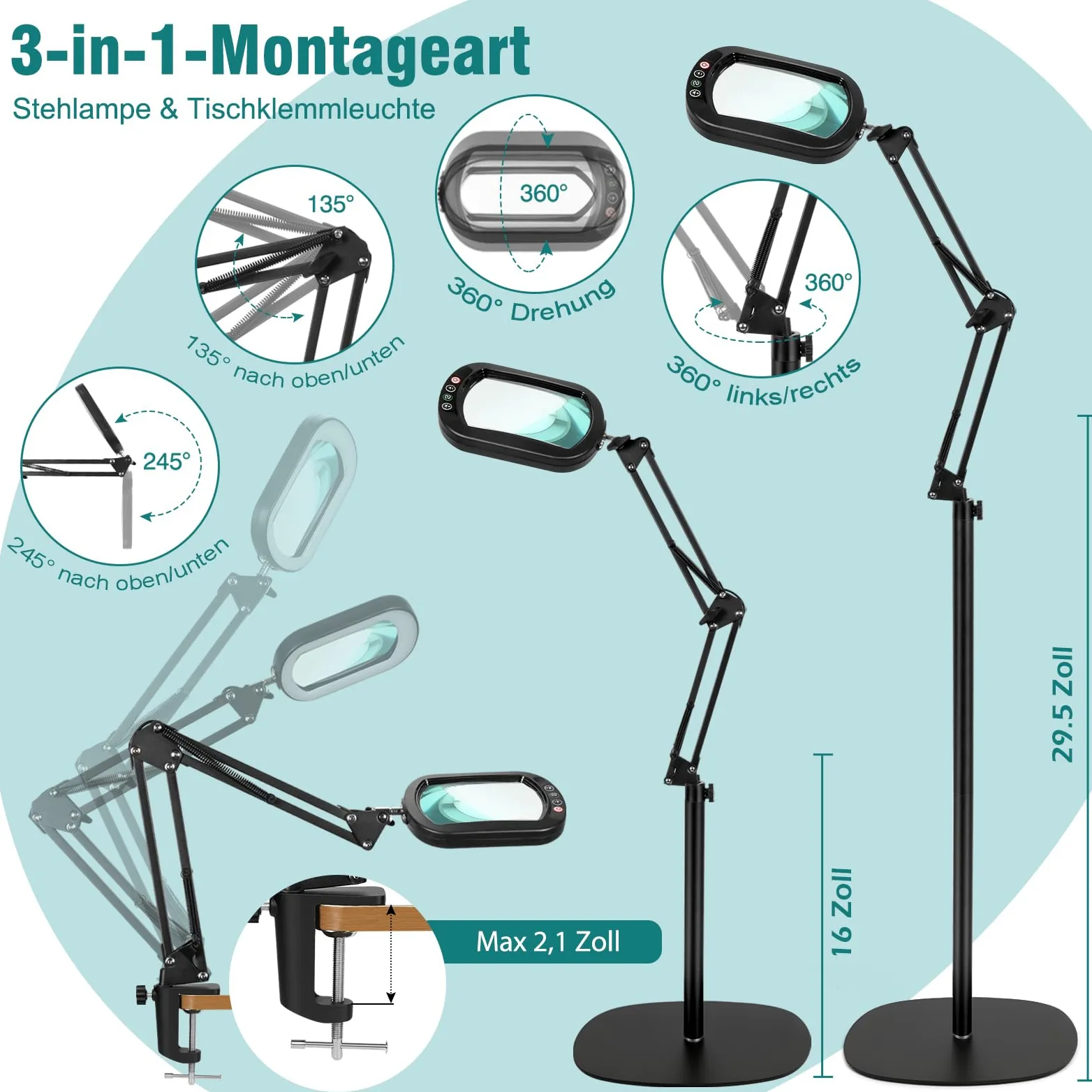 Lente d'ingrandimento 10X con luce e supporto, lampada da terra con lente d'ingrandimento 3 in 1, 5 modalità di colore, lampada con lente d'ingrandimento dimmerabile per pittura e cucito.