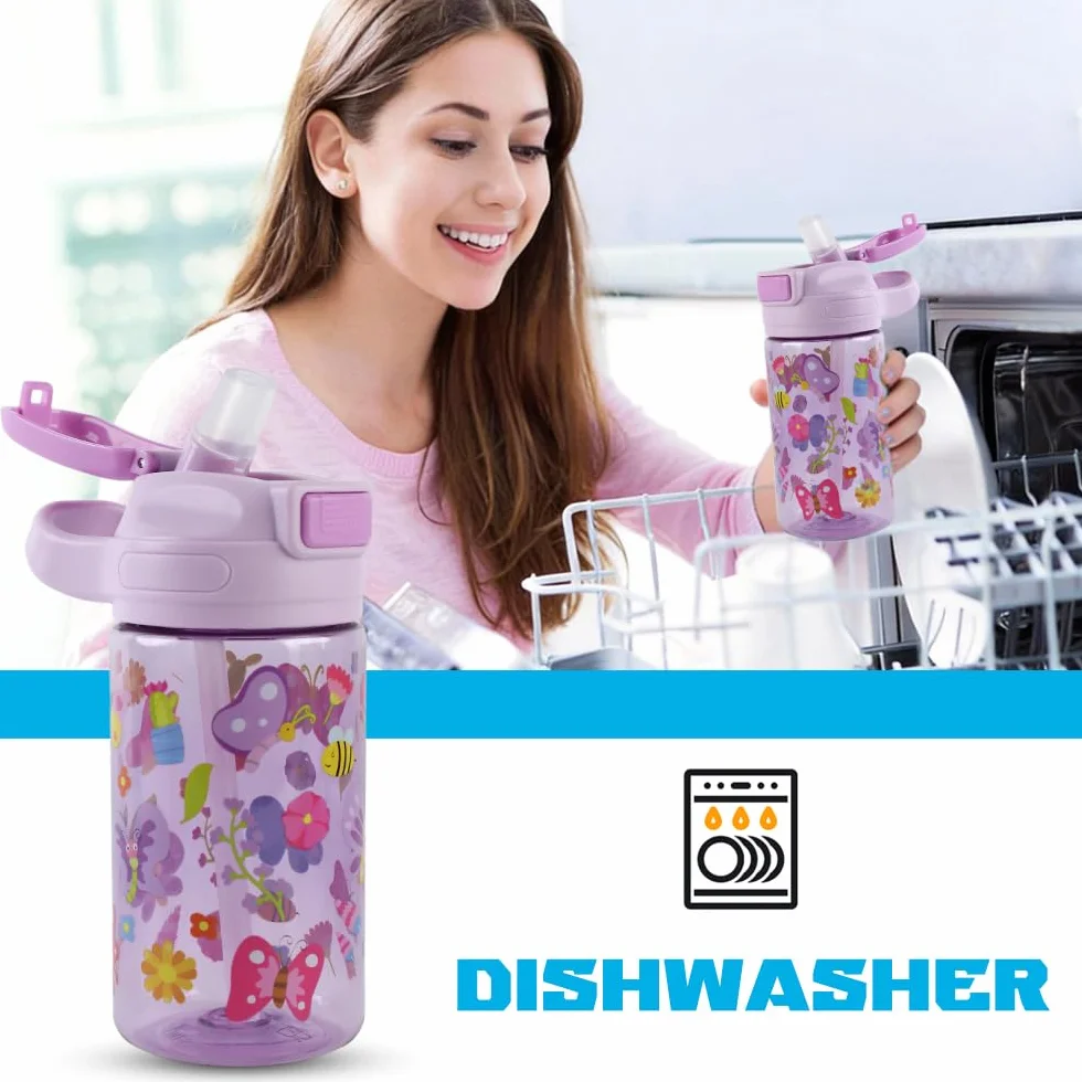 Borraccia Bambini 400ml Robusta Infrangibile Senza BPA One-Touch con Cannuccia Farfalla