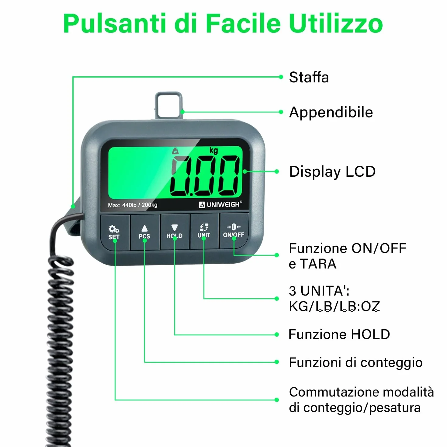UNIWEIGH Bilancia Postale Digitale 200kg 10g Alta Precisione con Funzione Hold Tara Conteggio