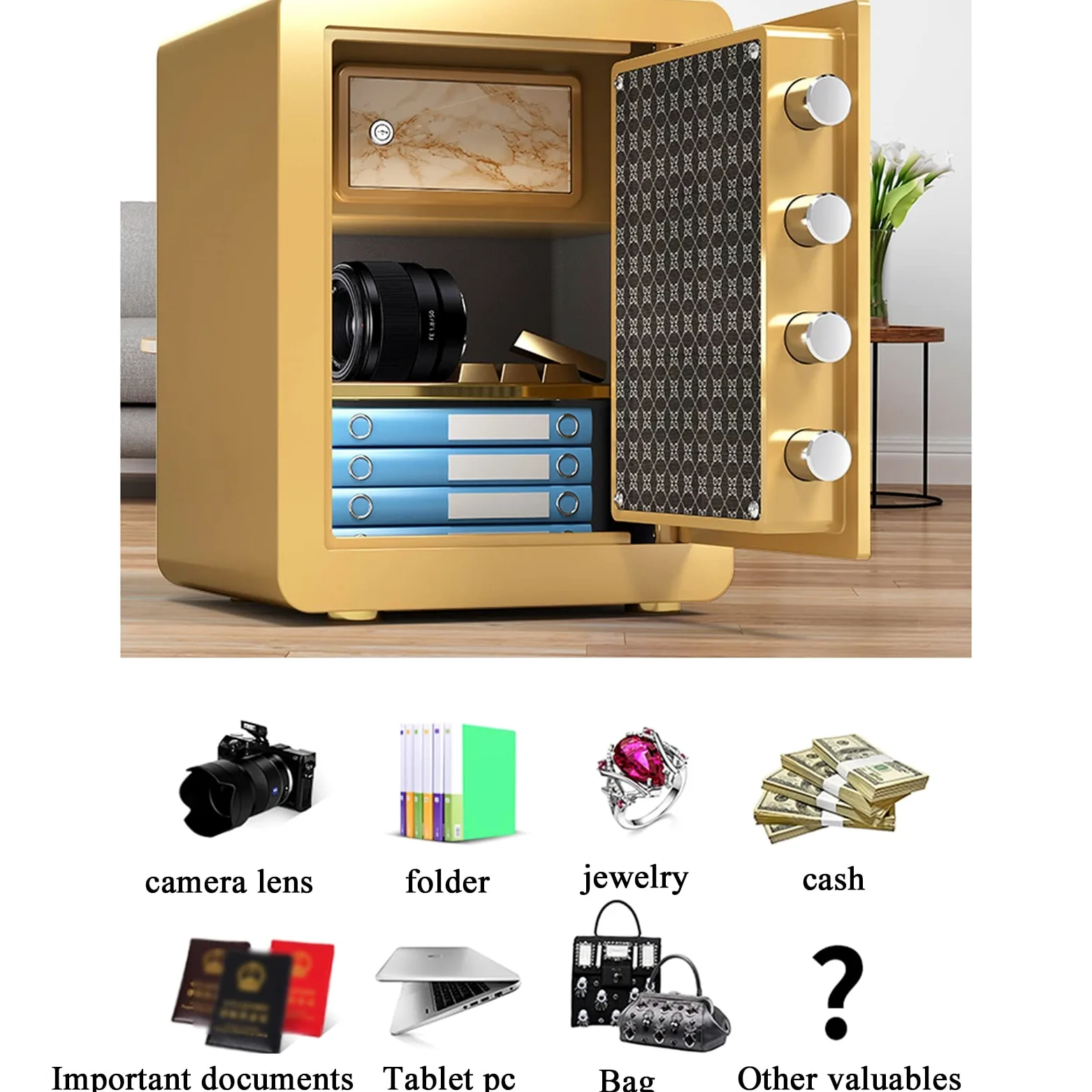 XBTGS Cassaforte, cassaforte ad accesso rapido con impronta digitale con armadio interno privato, doppio sistema di allarme, Smart Safe Box, memorizza 100 impronte digitali, prevenzione furti, bianco
