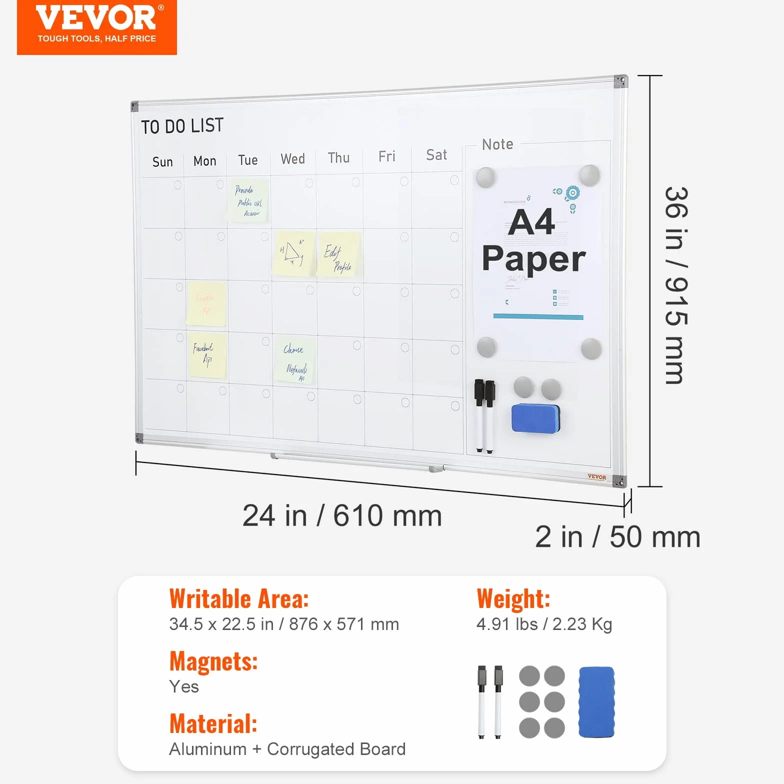 VEVOR Lavagna Magnetica Bianca da Parete Area Scrittura 87,6 x 57,1 cm con Calendario Agenda per Ufficio Aula Casa, Lavagna Bianca Magnetica Murale Cancellabile a Secco con Calendario Agenda Mensile