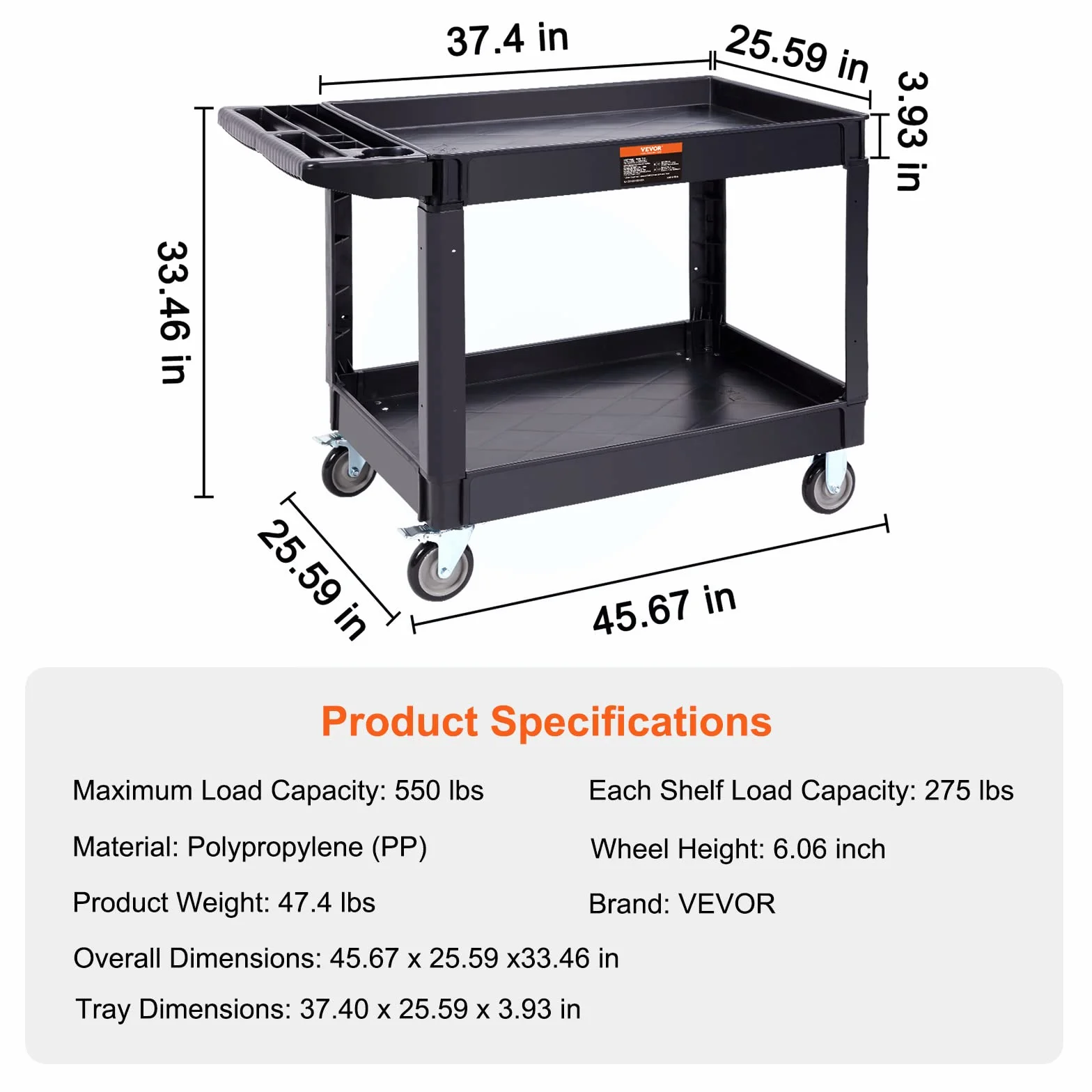 VEVOR Carrello di Servizio 116x65x85cm 2 Ripiani 250kg con Ruote Girevoli 360° Freni