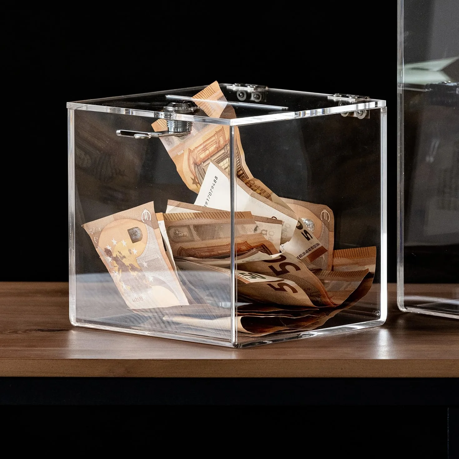HMF 46919 Scatola per donazioni in acrilico con chiave | urna per votazioni | 15 x 15 x 15 cm | DIN A6 | Trasparente