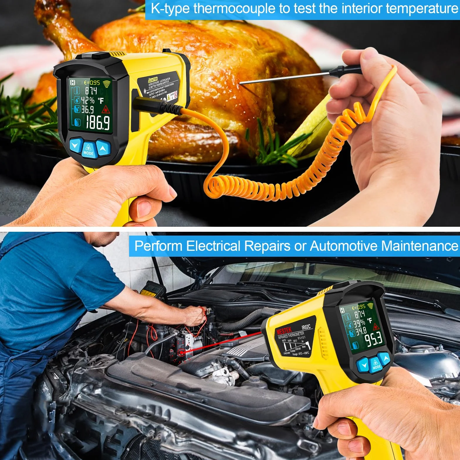 MESTEK Termometro a Infrarossi Digitale Laser -50°C～800°C con K-Sonda Schermo LCD a Colori