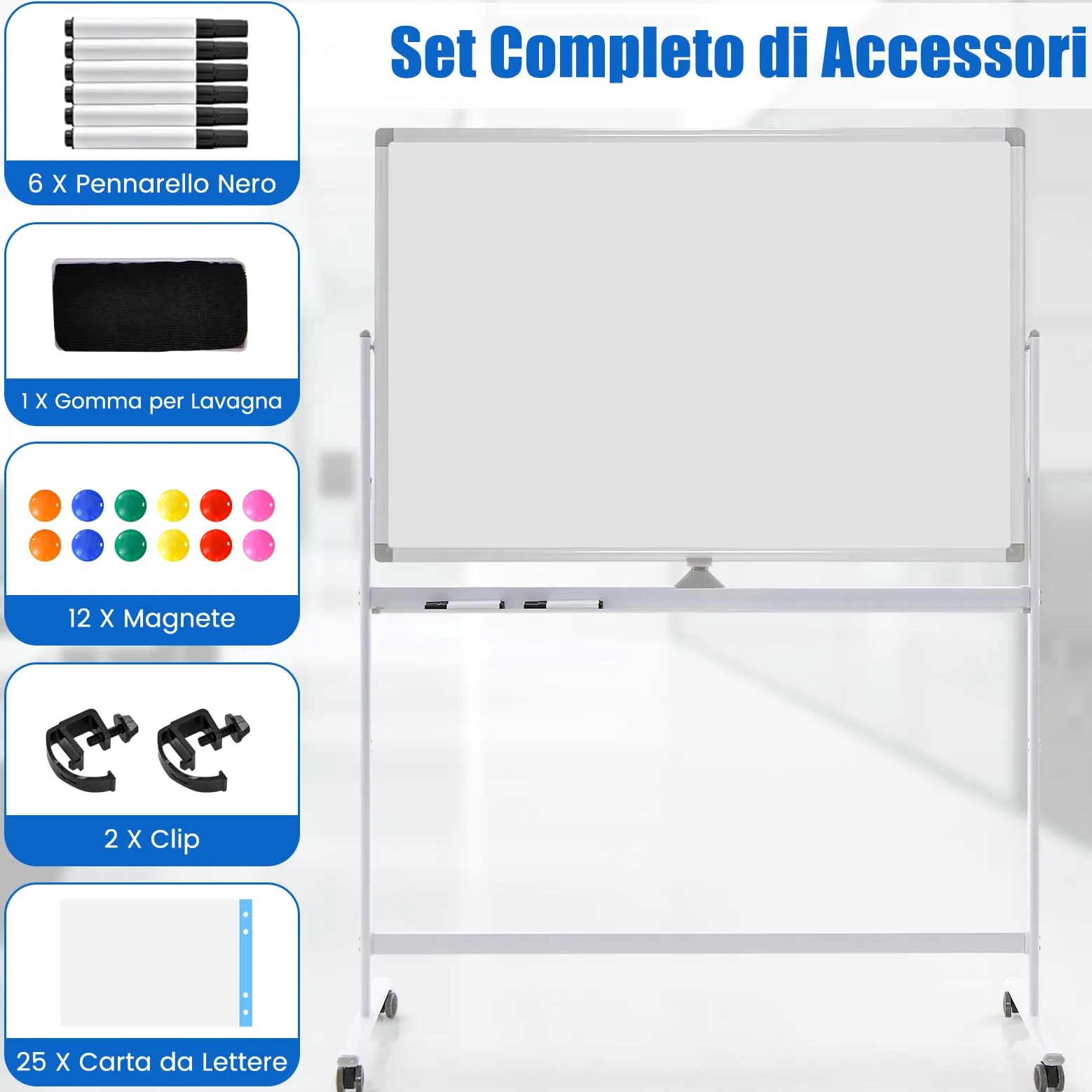 COSTWAY Lavagna Bianca Mobile 120 x 80 cm, Lavagna a Doppia Faccia Magnetica Cancellabile a Secco con Cavalletto e Ruote, Altezza Regolabile 2 Livelli, Accessori Completi (Bianco)