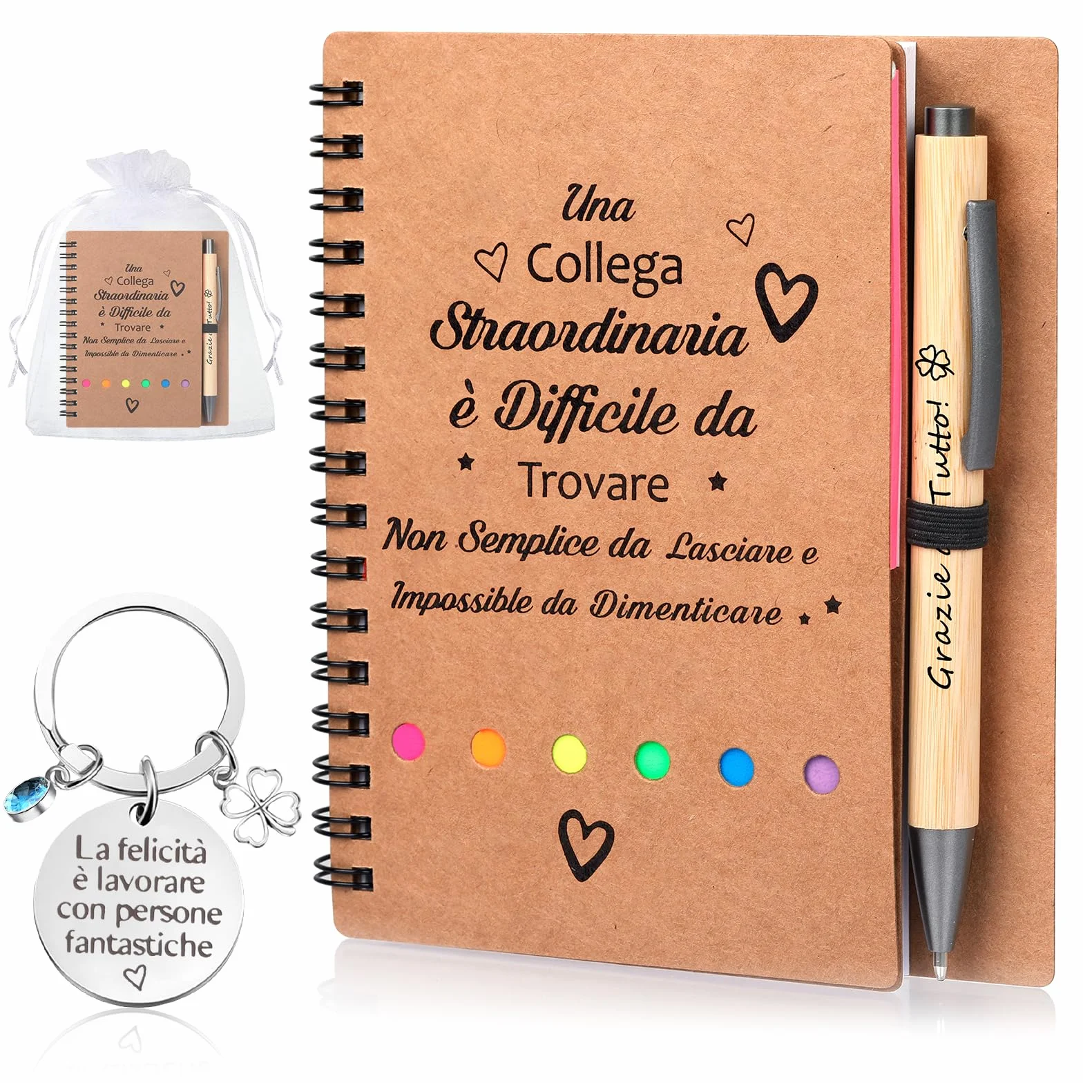 Set regalo 4 pezzi per colleghi: quaderno spirale, penna retrattile, portachiavi, sacchetto garza
