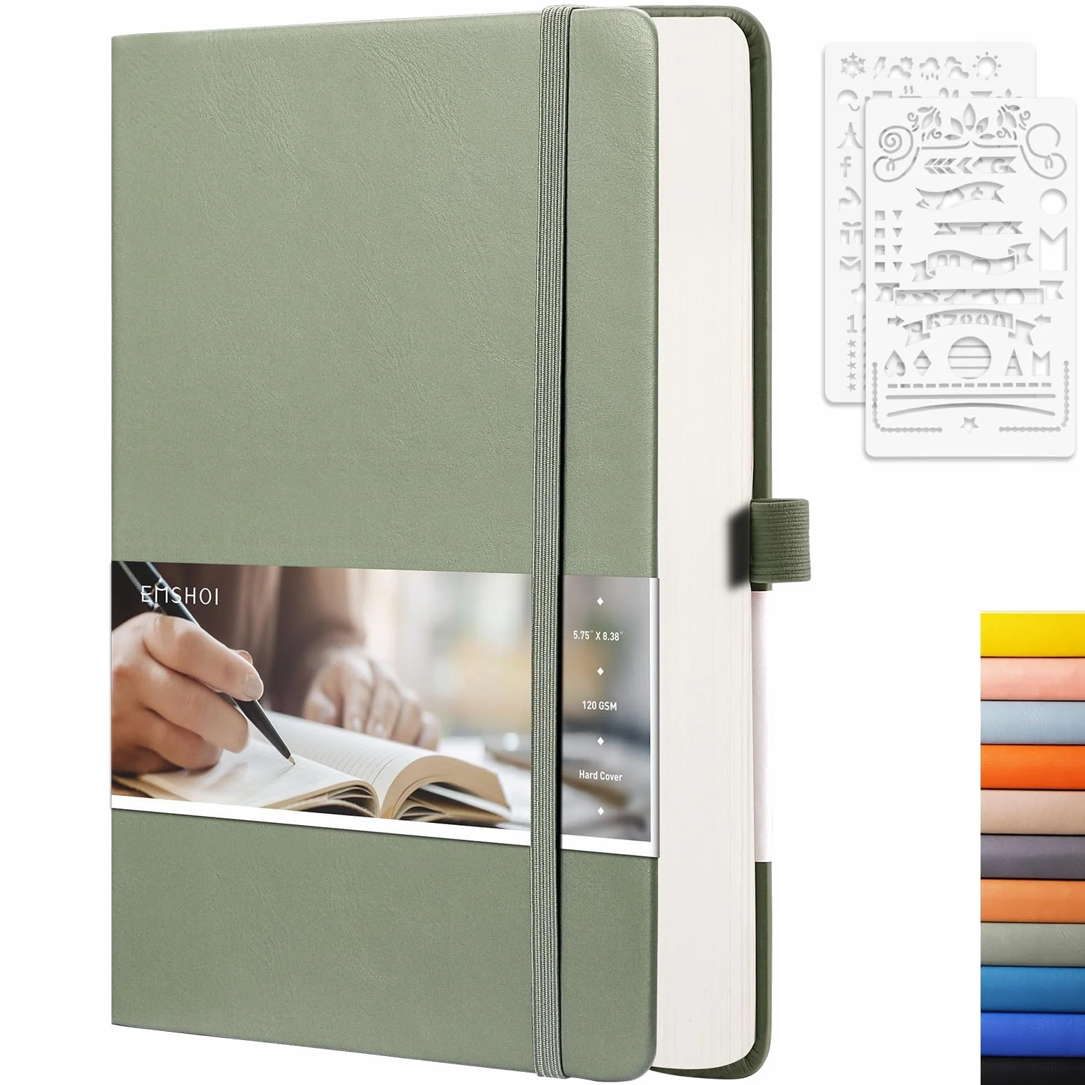 EMSHOI Taccuino punteggiato – 256 pagine A5 griglia punteggiata, carta spessa 120 g/m², 16 pagine perforate, pelle PU liscia, tasca interna, 14 x 21 cm, verde