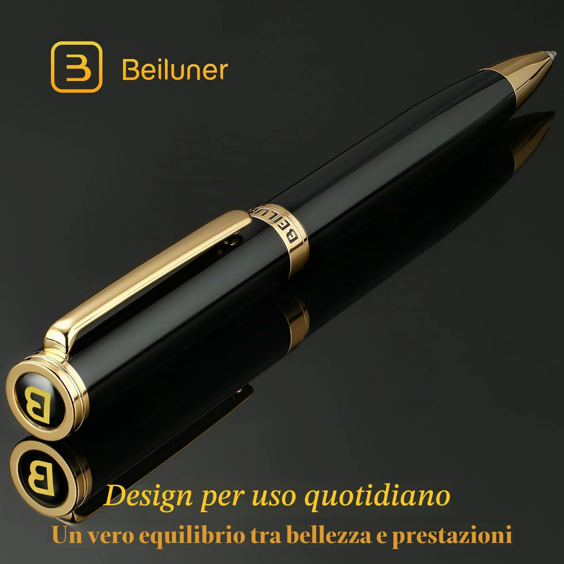 BEILUNER Penna a Gel Lusso con Finitura Oro 24K, Lacca Nera Piano, Artigianato di Classe, Miglior Set Regalo per Uomo/Donna, Professionale, Executive, Ufficio, Retrattile