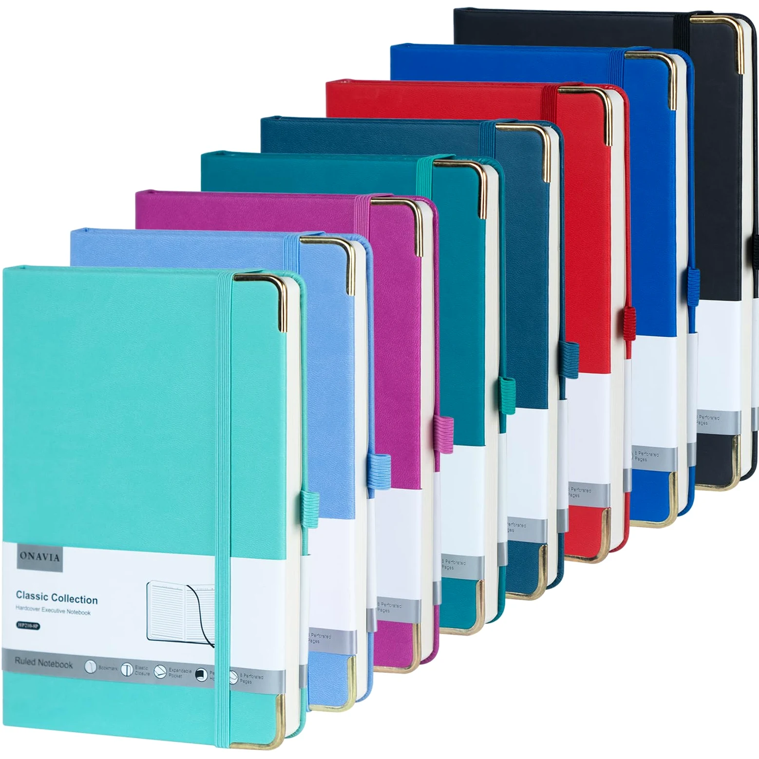 ONAVIA Taccuino a Righe A5 Copertina Rigida, 160 Pagine, Set 8 Colori | 14 x 21 cm, 100 g/m², Classico Quaderno Appunti di Linea, Tasca Interna, Chiusura ad Elastico, Portapenne