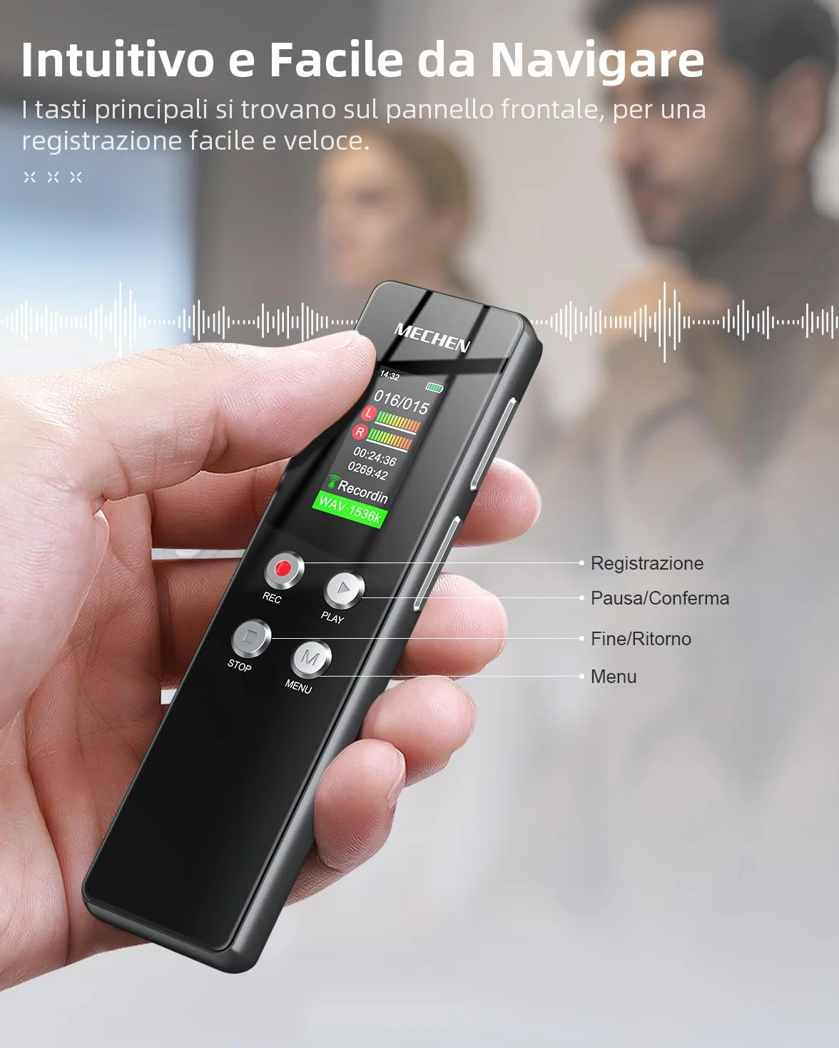 MECHEN V01 Registratore Vocale da 128GB, Registratore di Voce con Registrazione Anticipata, Protezione con Password, Riduzione Automatica del Rumore, 300mAh (15 Ore di Durata) (128, GB)