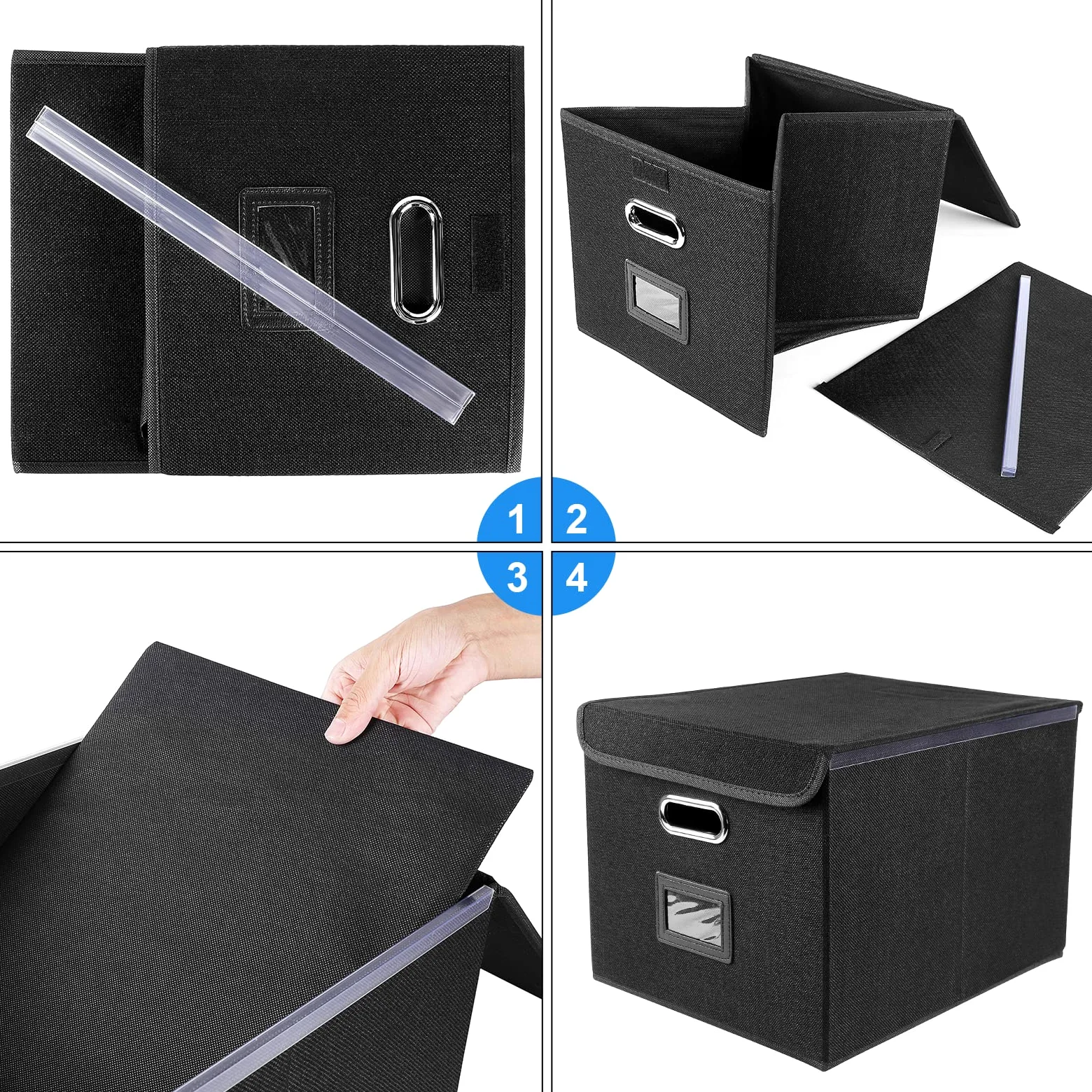 Okydoky Scatole portaoggetti con coperchio, formato A4, in fibra di fibra e carta, in elegante effetto lino, adatte per casa e ufficio, e scatole per file (nero-2p)