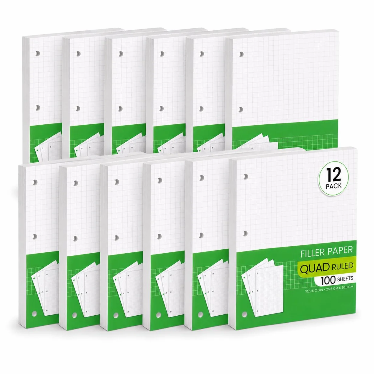 Carta millimetrata, carta di riempimento a fogli sfusi, 20,3 x 26,7 cm, a quadretti, a righe, 4 x 4, carta per quaderni a 3 fori, per raccoglitori a 3 anelli, 100 fogli per confezione (12 pezzi)