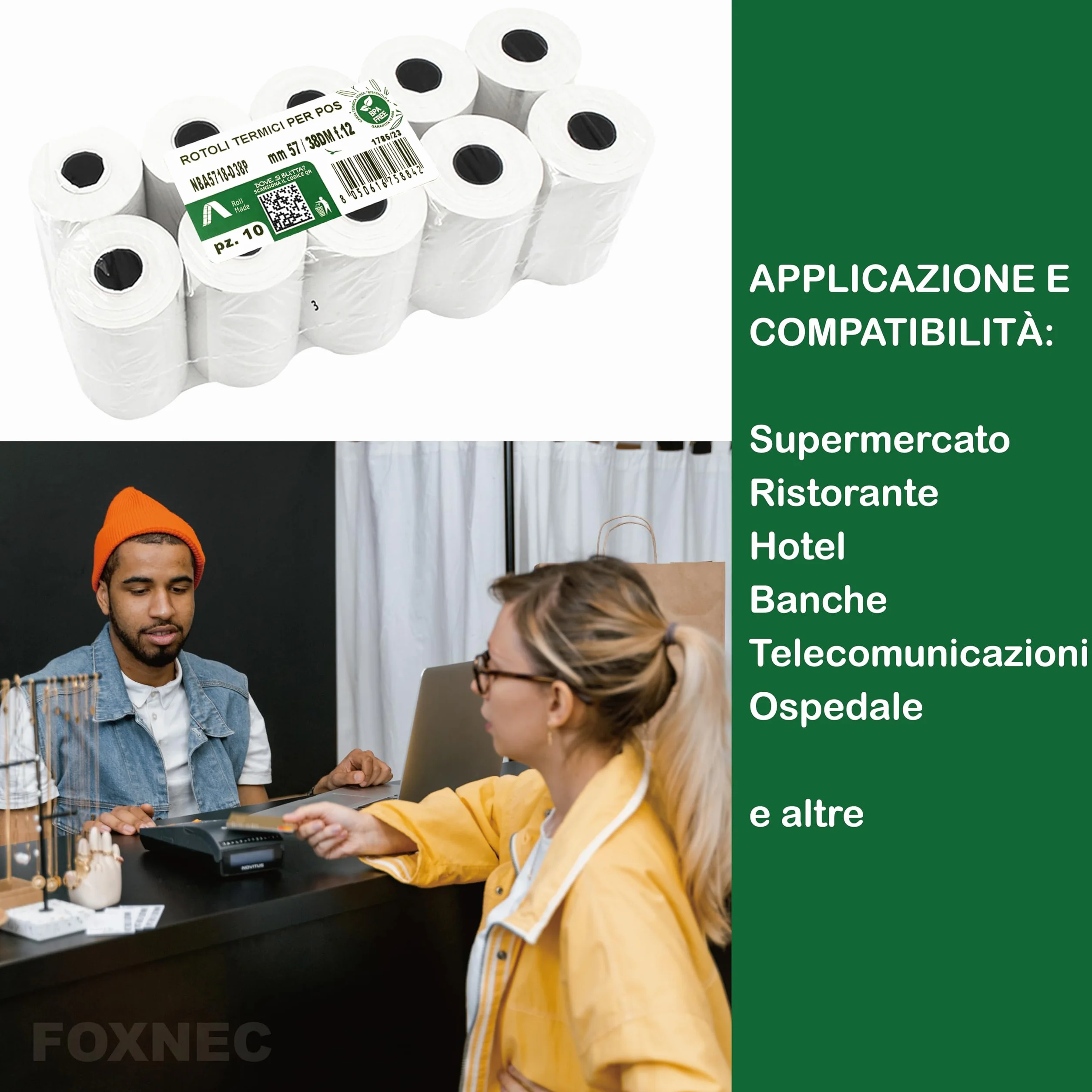 FOXNEC 20 Rotoli Carta Termica 57mm x 18M x 12mm per Registratore di Cassa e Ricevute Bancomat