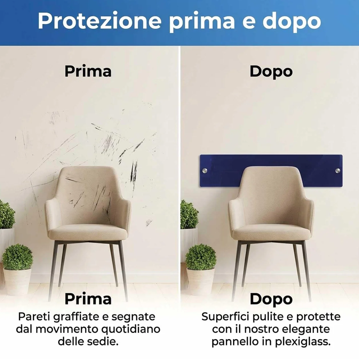 4 Fasce Battisedia Blu in Acrilico 60x14 cm – Protezione Muro Antigraffio per Sedia, Salvaparete Rigido 3 mm, Battisedia da Parete per Sedie Sale D'Attesa, Uffici e Casa (4, 60x14)