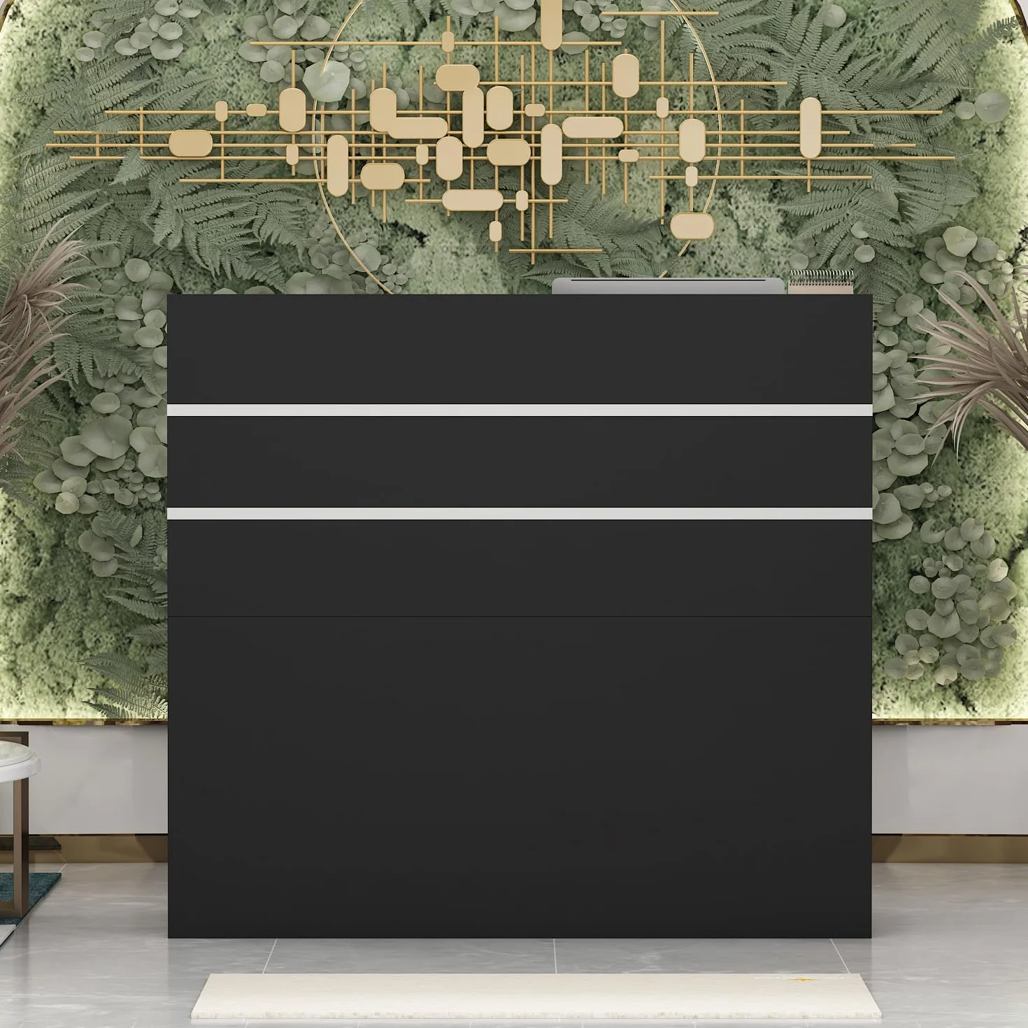 Bancone reception, tavolo bancone, bancone negozio banco vendita tavolo vendita, mobili ufficio mobili reception con 3 cassetti e 1 mobile, 110 X 120 X 48 cm, nero