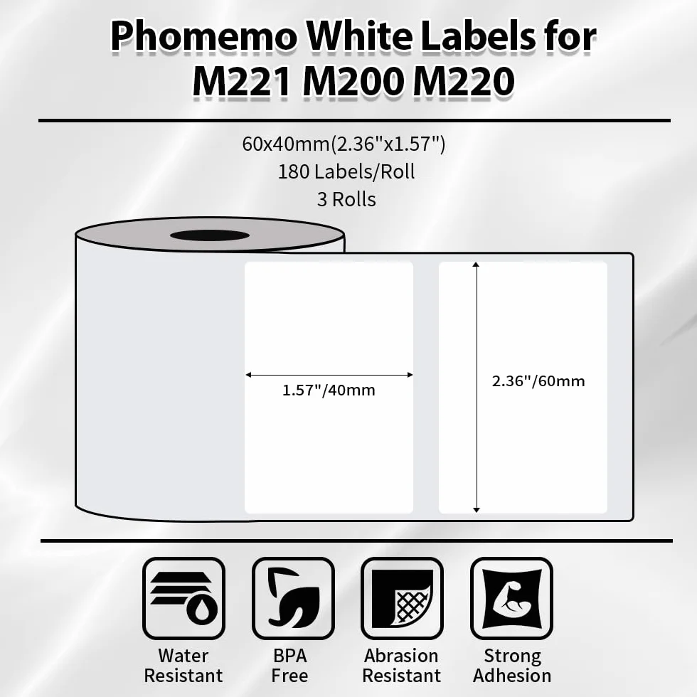 Phomemo M220 M221 M200 Etichette autoadesive termiche 60x40mm 180 etichette 3 rotoli