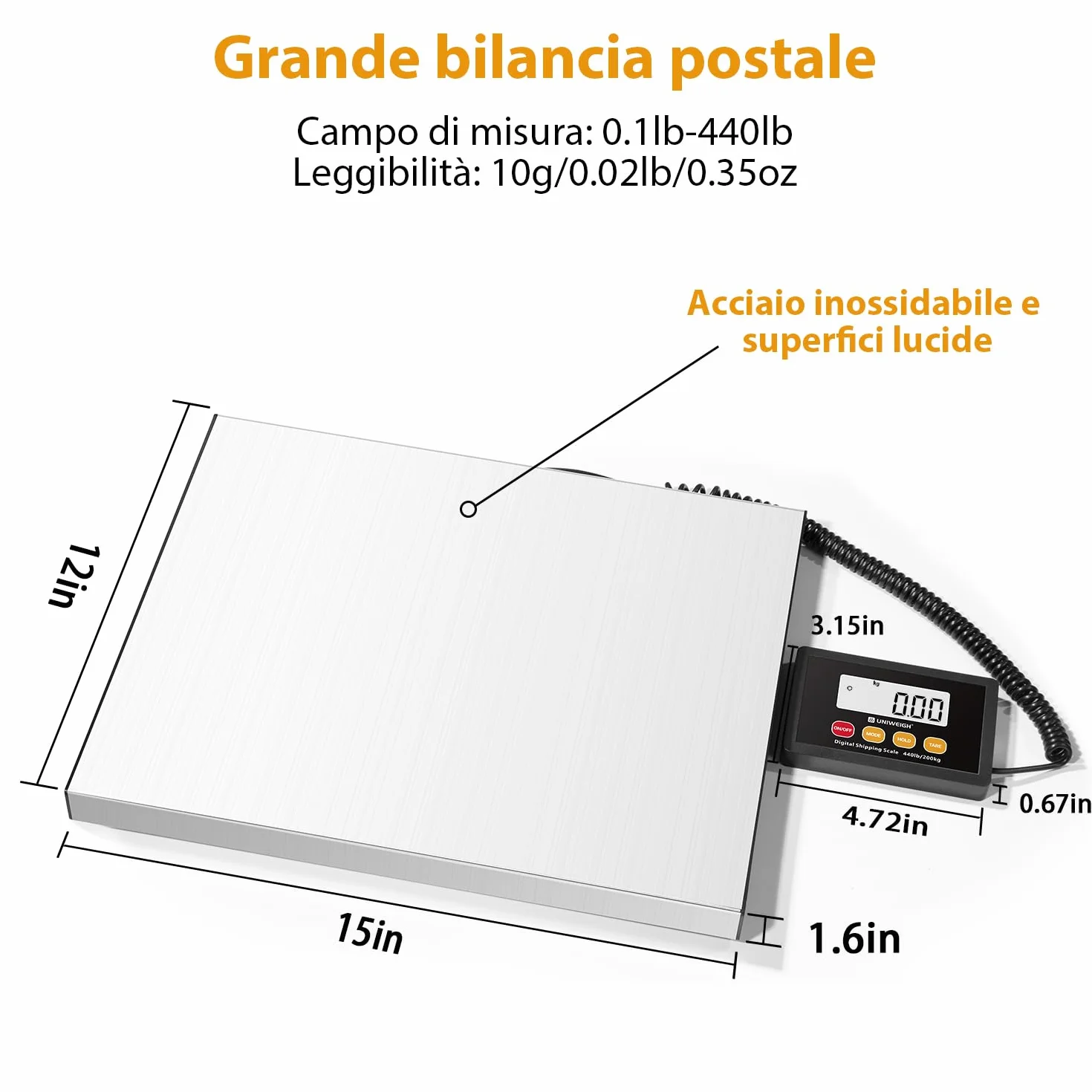 Bilancia Digitale 440lb x 10g Alta Precisione UNIWEIGH Piattaforma Acciaio Inox