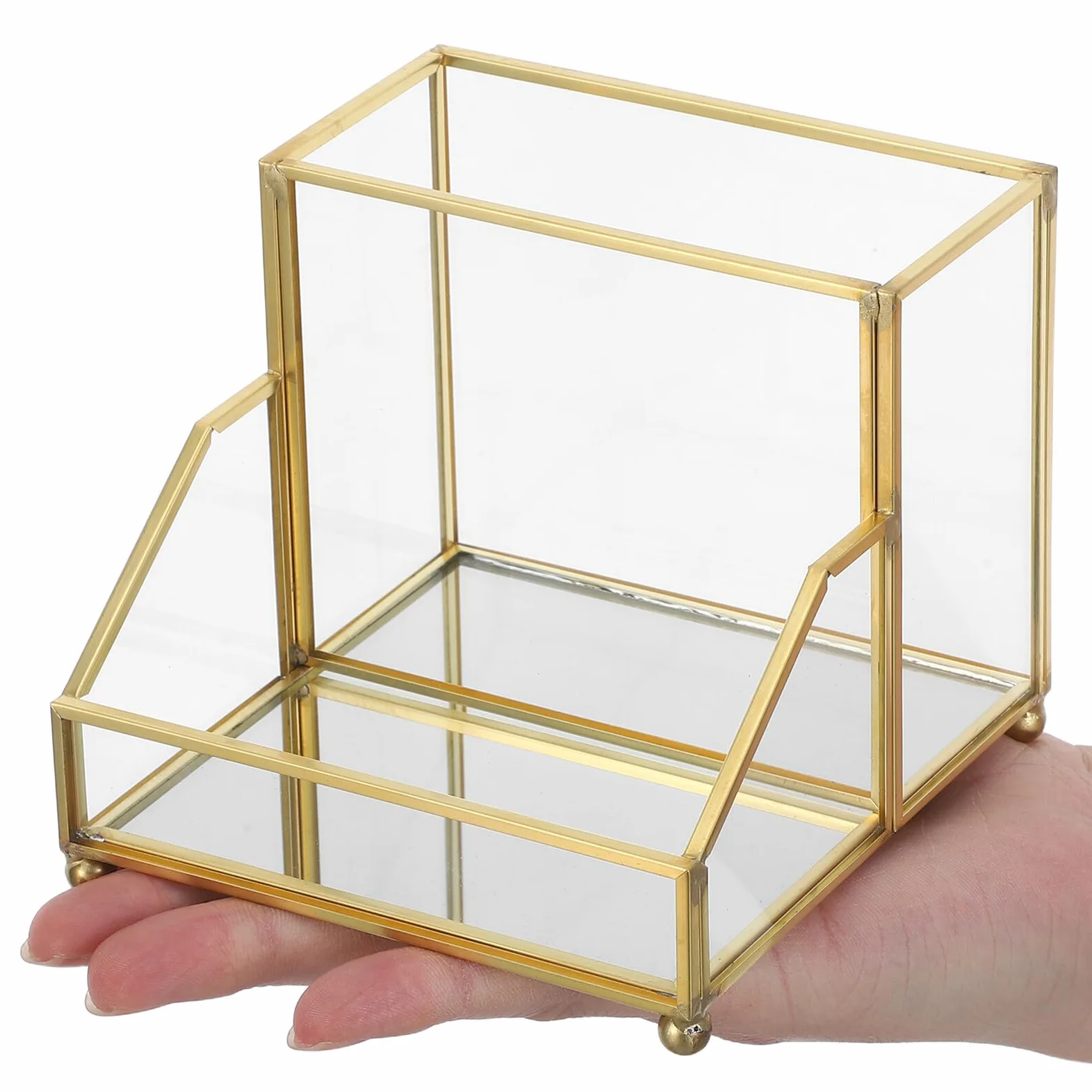 Healeved Porta Biglietti da Visita Verticale con Bordo Oro per Ufficio | Organizer da Scrivania in Vetro e Ferro, per Incontri con Clienti, Scambio Rapido delle Carte