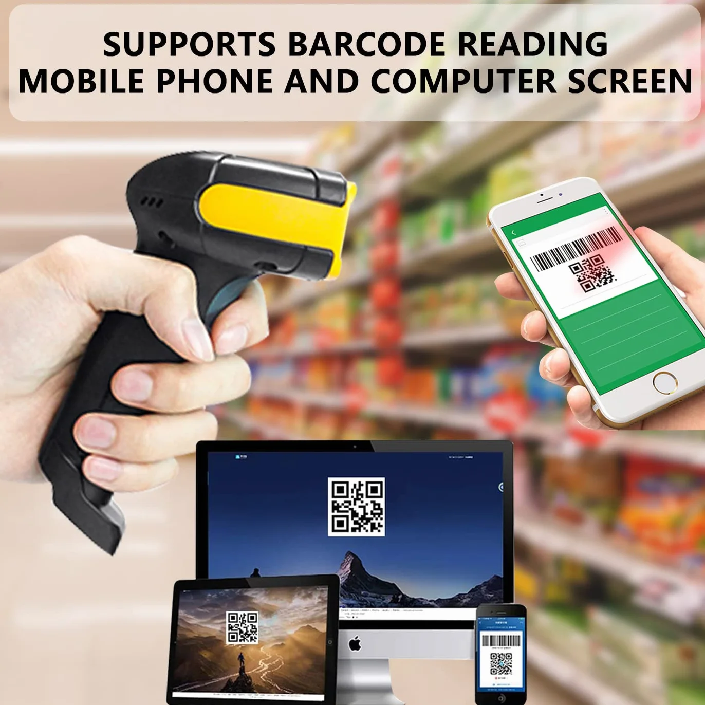 LENVII Lettore Codice a Barre 2D Cablato,Lettore Codici Barcode Scanner 1D/2D/QR Code Lettore(PDF417,Data Matrix) di scansione dello schermo di supporto（Giallo）