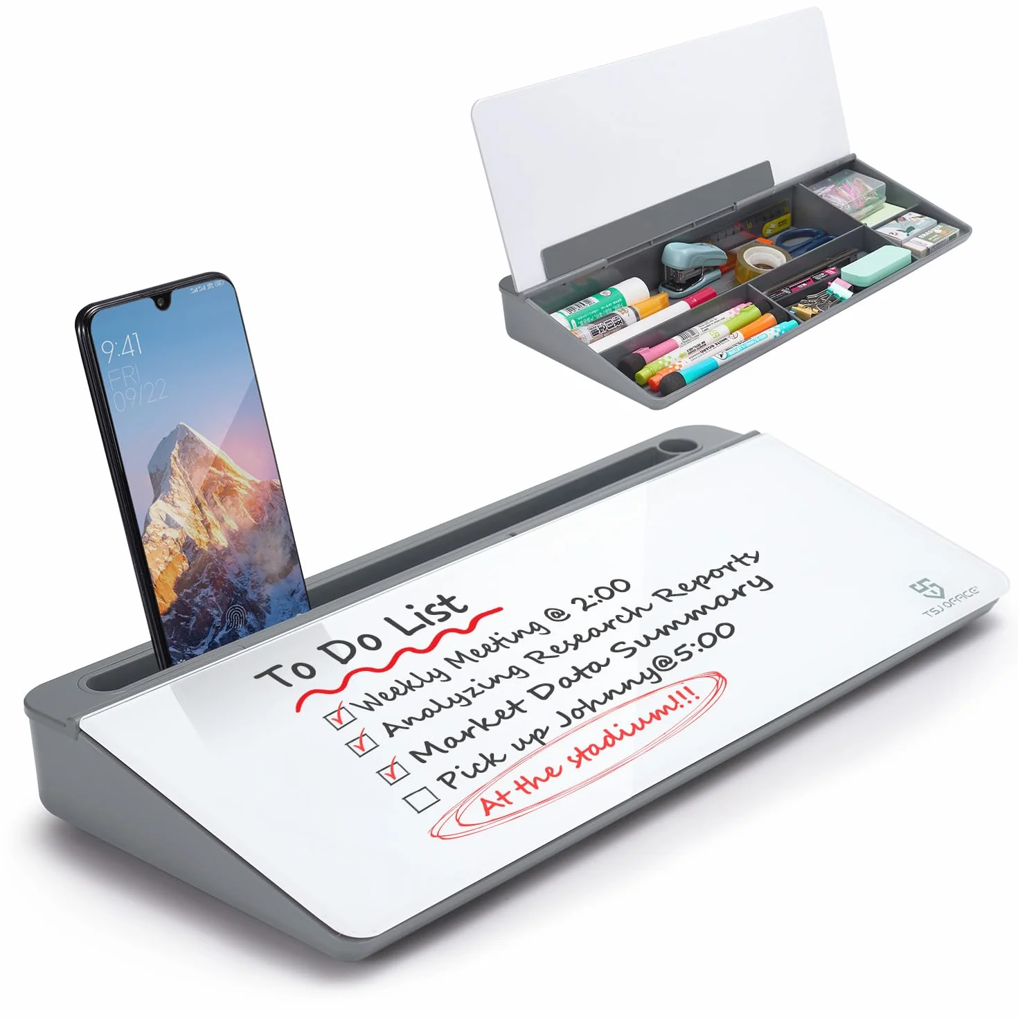 Lavagna bianca da scrivania in vetro, cancellabile a secco, supporto per tastiera del computer, con cassetto, organizer da scrivania con accessori per ufficio, casa, scuola