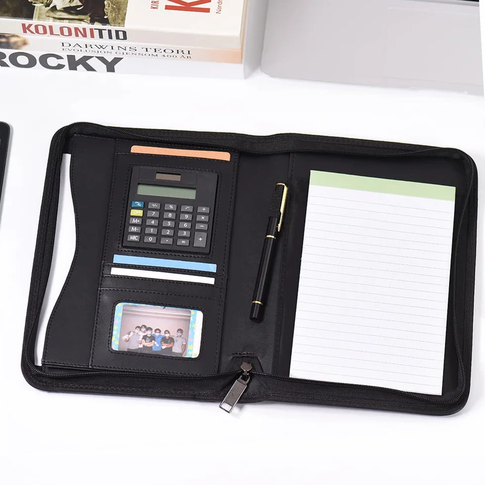 Portafoglio Portatile, Cartella Portadocumenti in Pelle PU A5 con Calcolatrice, Chiusura con Cerniera, Organizer per Documenti, Porta Tessere, Blocco Note per Uomo e Donna,