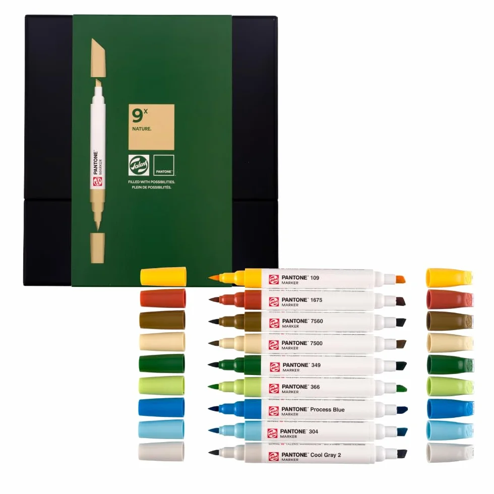 Pantone Set 9 Marcatori Nature Penna Doppia Punta Pennello Scalpello Inchiostro Pigmentato Base Acqua