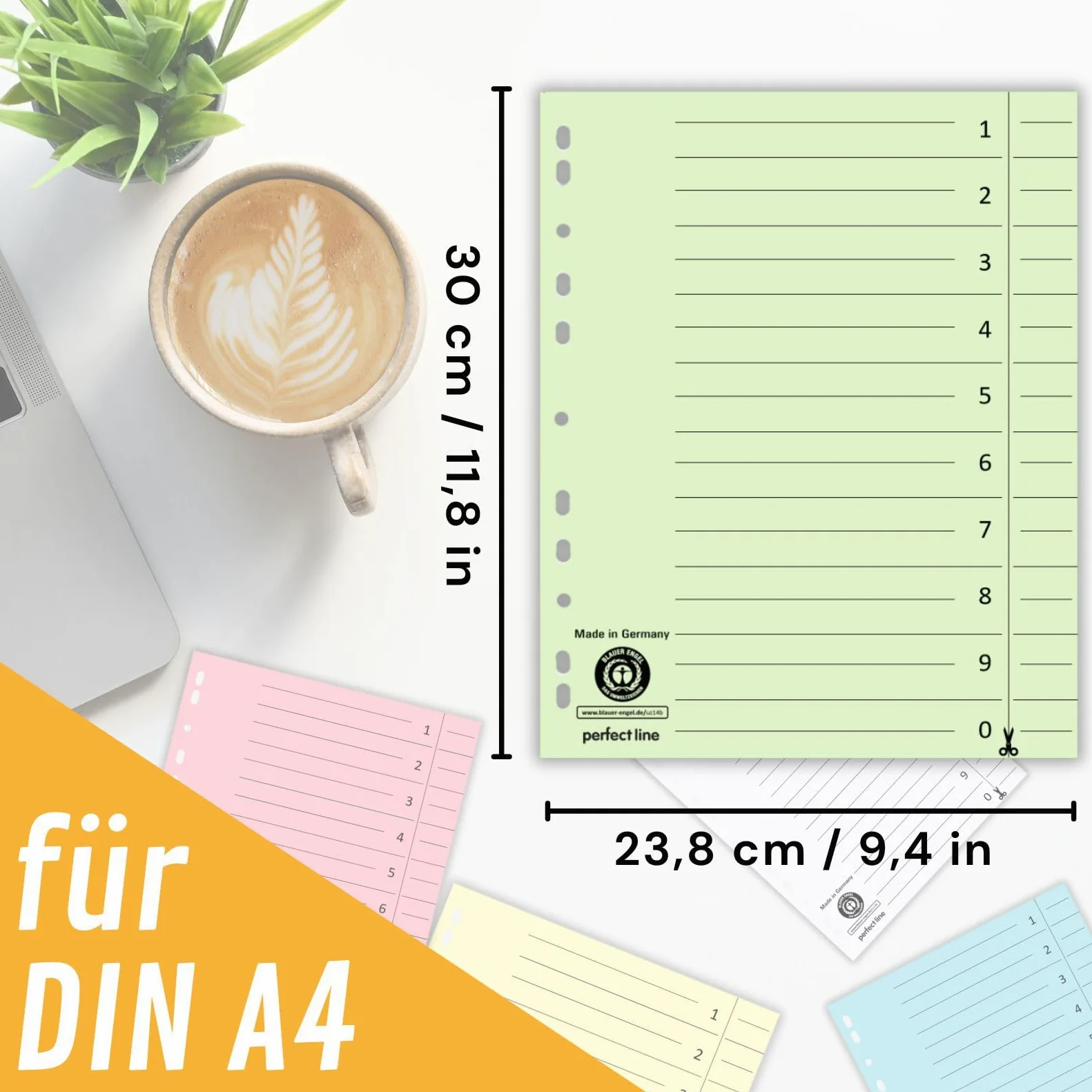 perfect line - 1.000 divisori, 5 colori pastello – carta riciclata resistente, per raccoglitori DIN A4 e raccoglitori ad anelli – per ufficio, scuola o casa – certificato Blauer Engel (10 x 100 fogli)